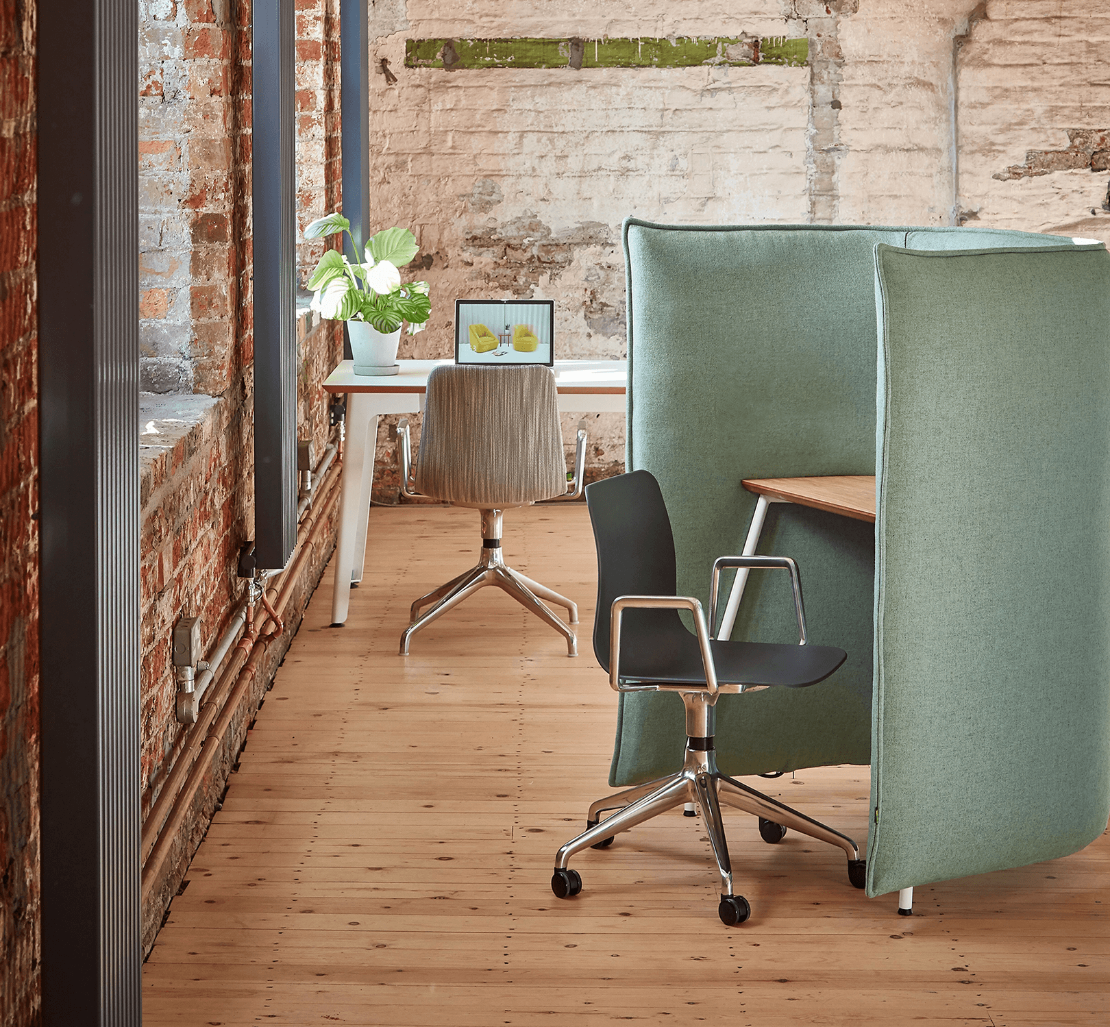 Polly side chair with aluminium frame and leather at a vintage office