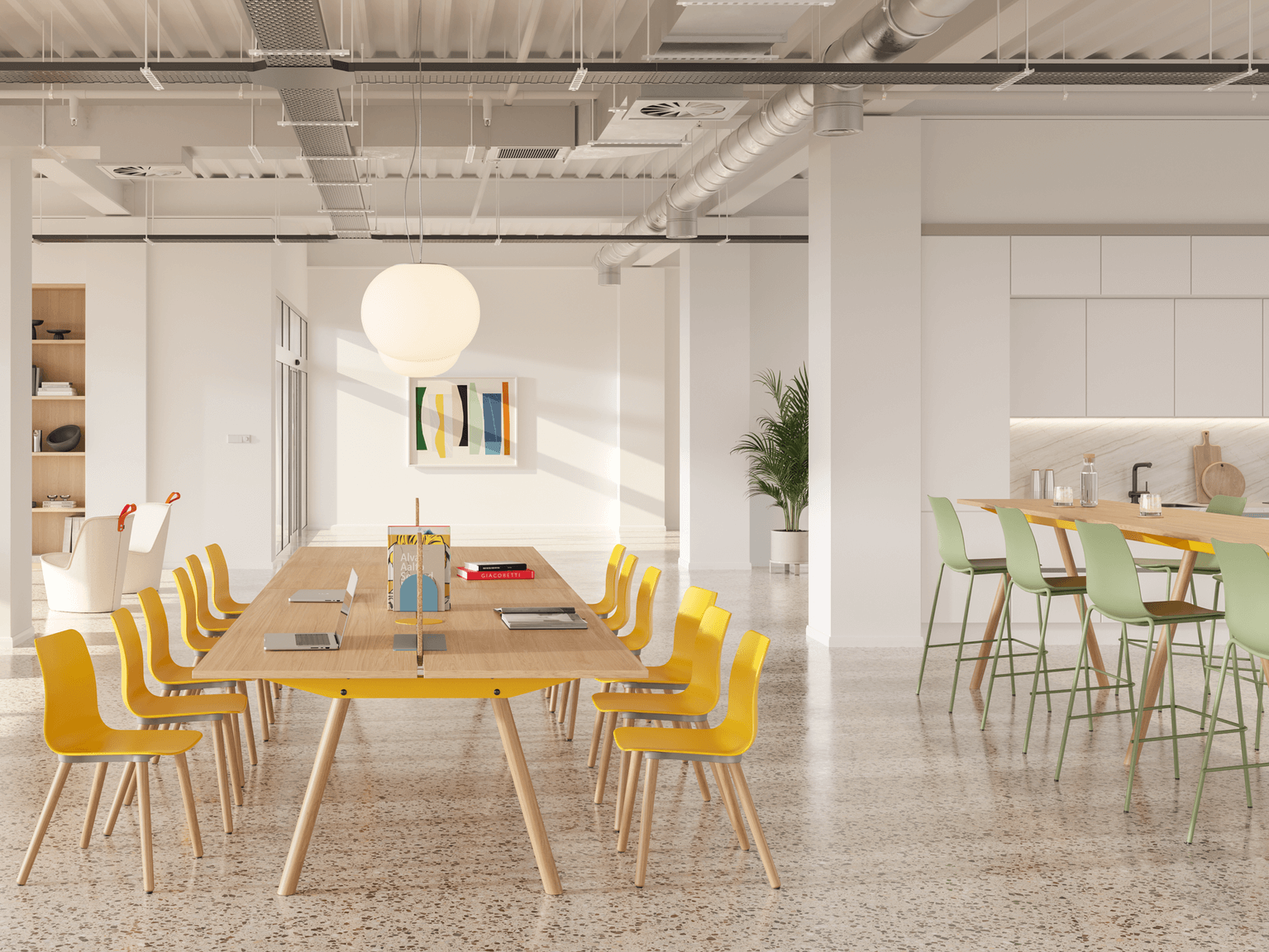 a green Polly barstool at a library