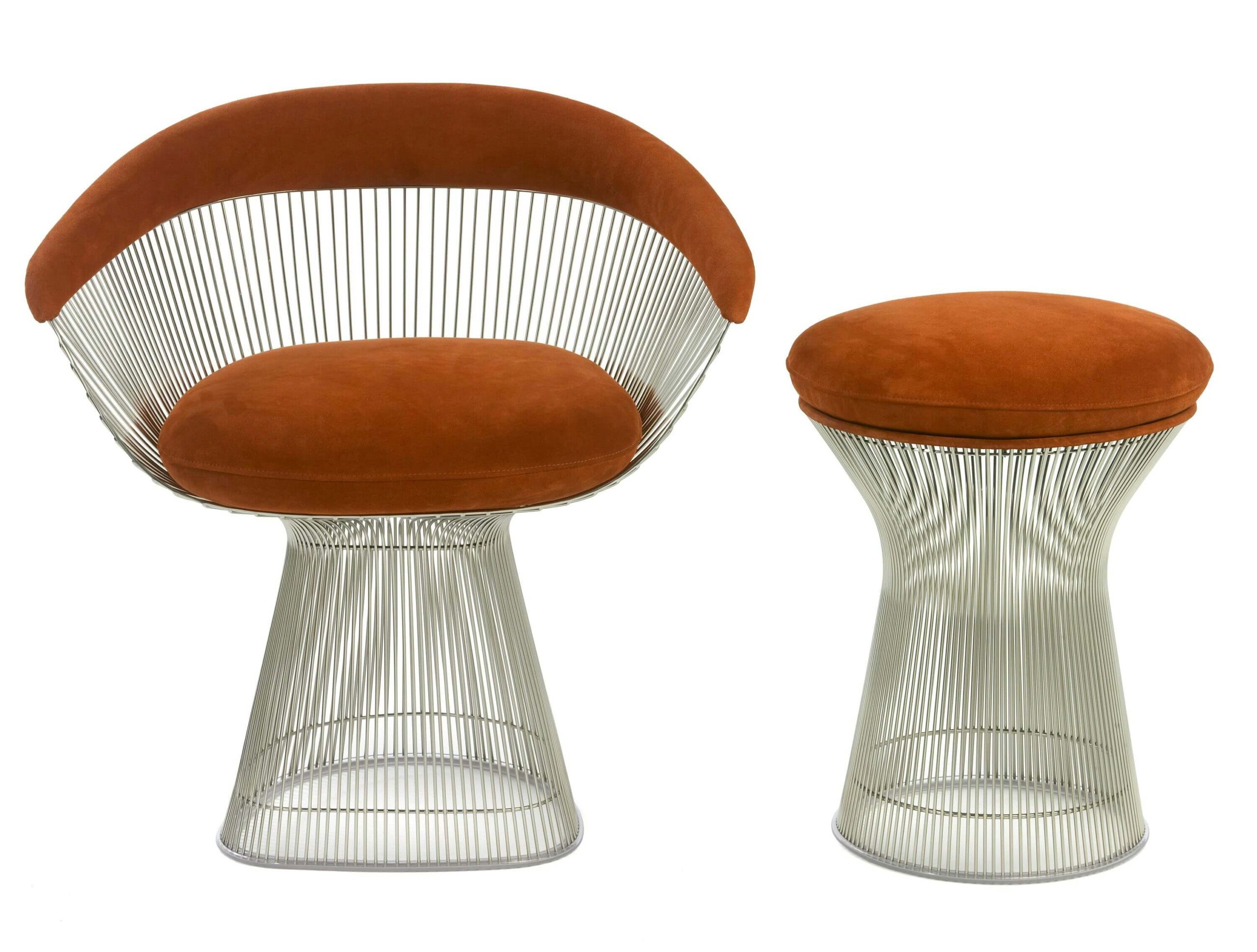 Platner stool in red with a matching chair