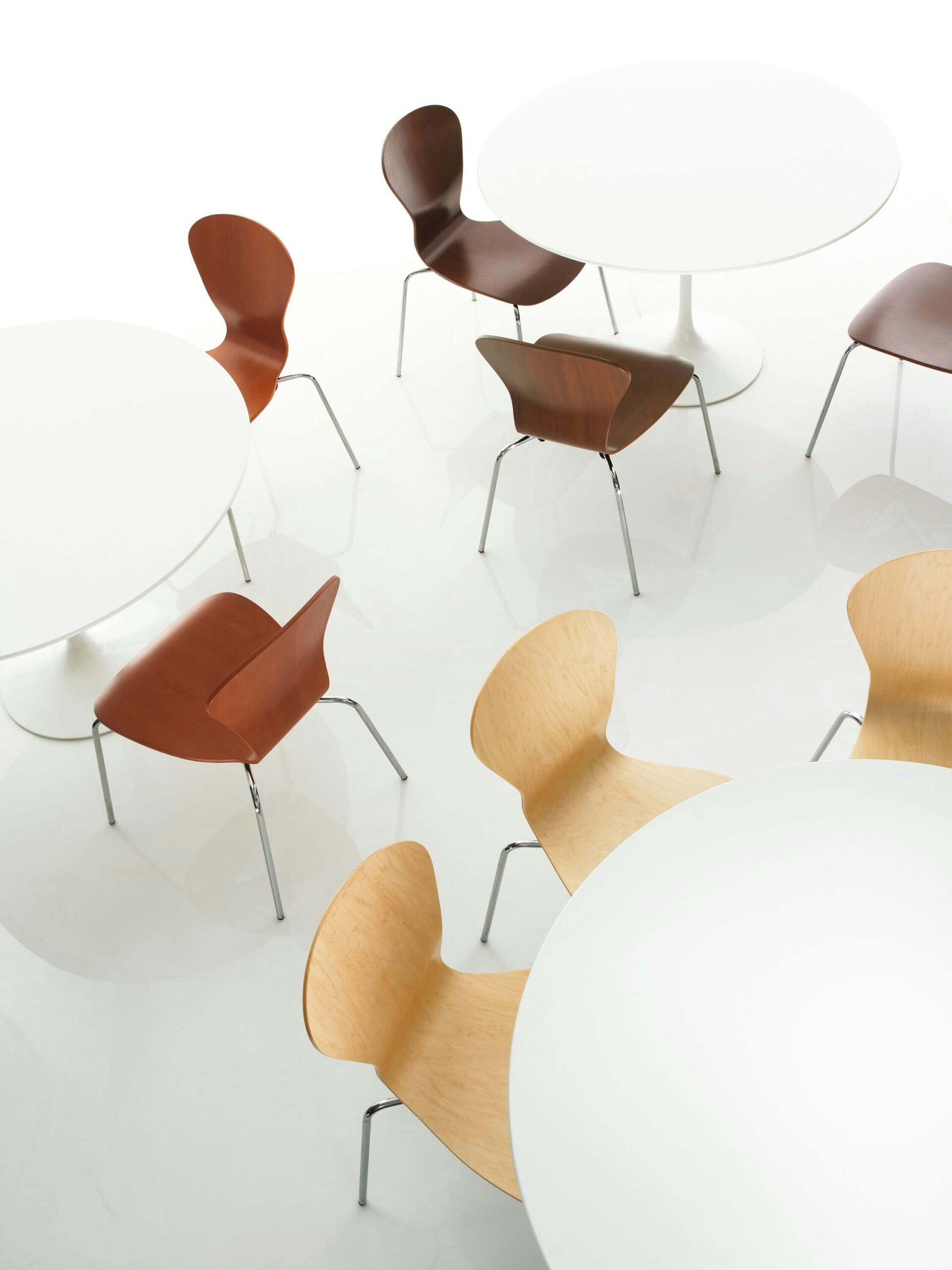 Saarinen Round Table in a white room with wooden side chairs