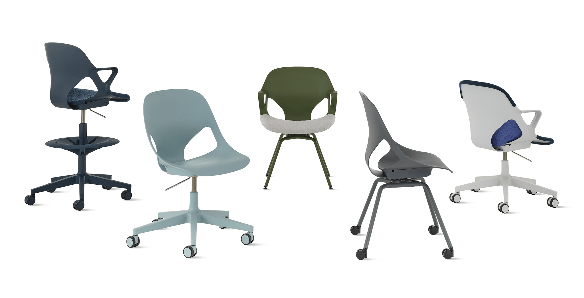 zeph side chair in siferent colours in white background with caster wheels