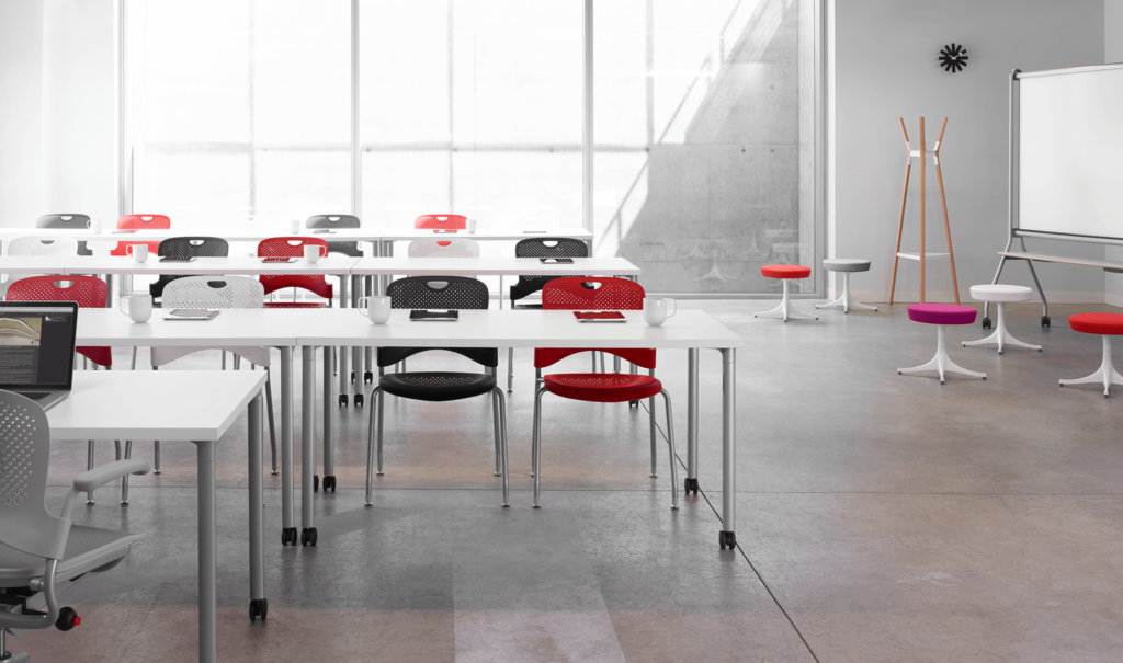 classroom with colored furniture and modern design
