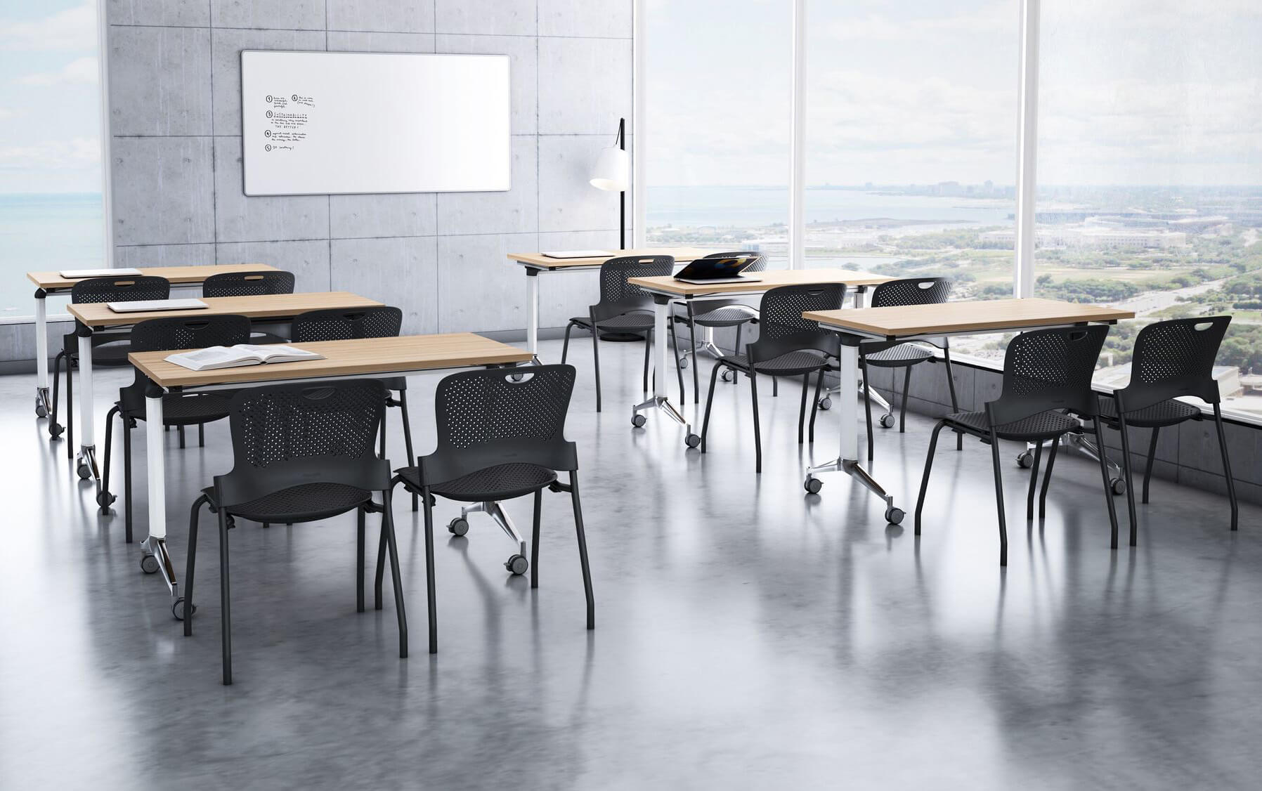 genus flip top table at a classroom with black chairs