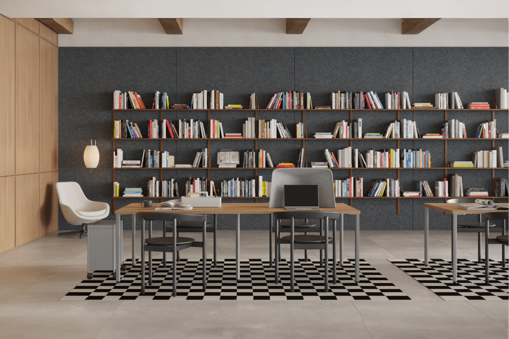 university library with wooden top tables and chairs