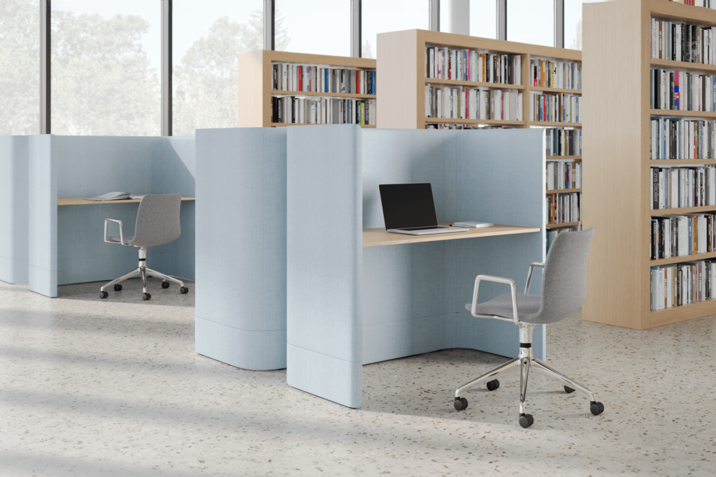 furniture fitout ideas for a library with two booths with wooden tops and chairs