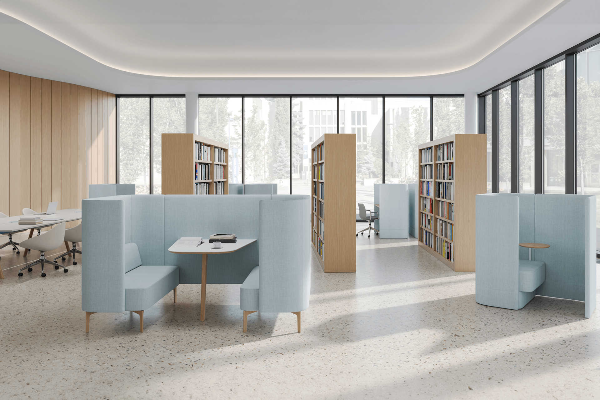 modern university library with private booths for one and four students