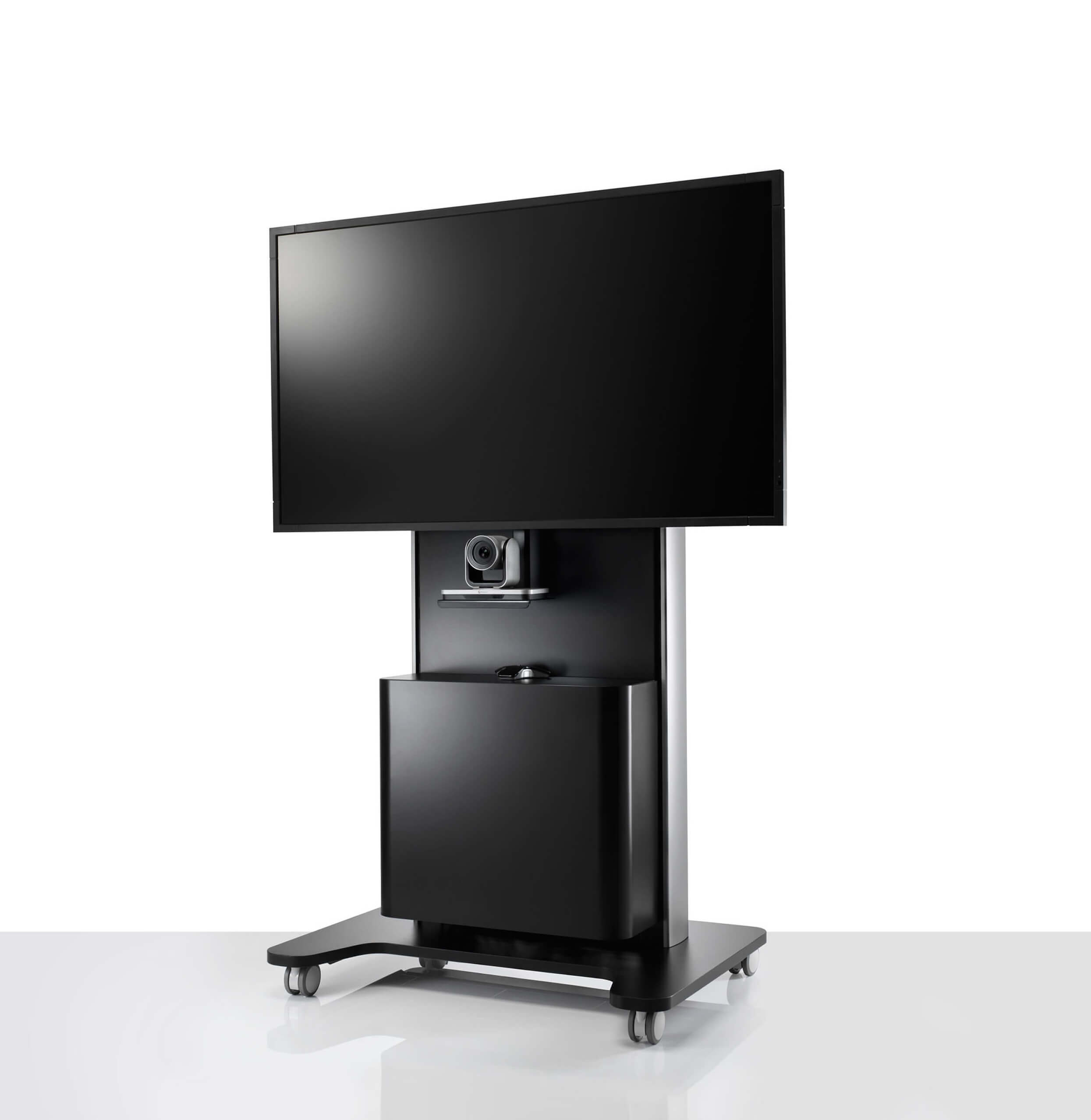 a cbs ergonomics TV Stand cart Unit and CPU storage in clack colour in a white room