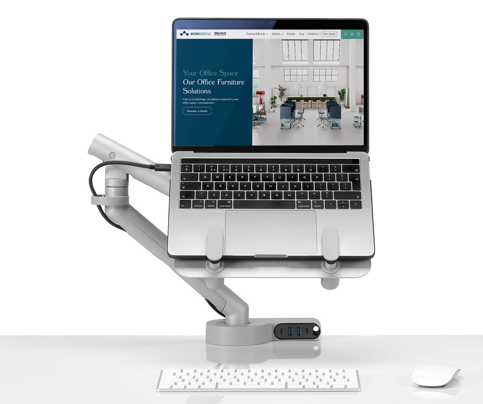 Ondo Data and Power Management Mount  on a desk featuring a monitor arm and keyboard at a workstation