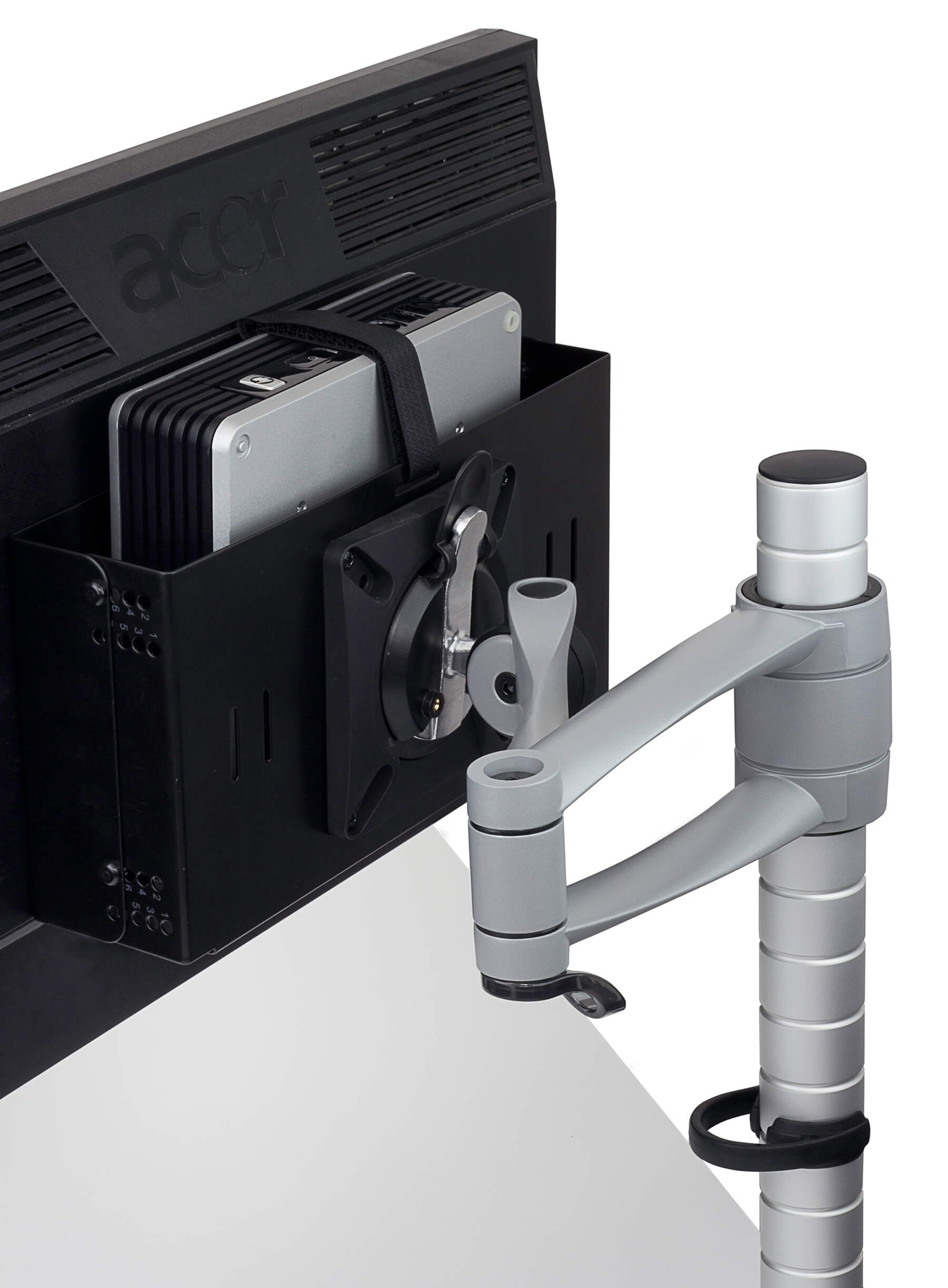 Thin Client Mount CPU Holder attached to the back of a monitor screen on a monitor arm detail