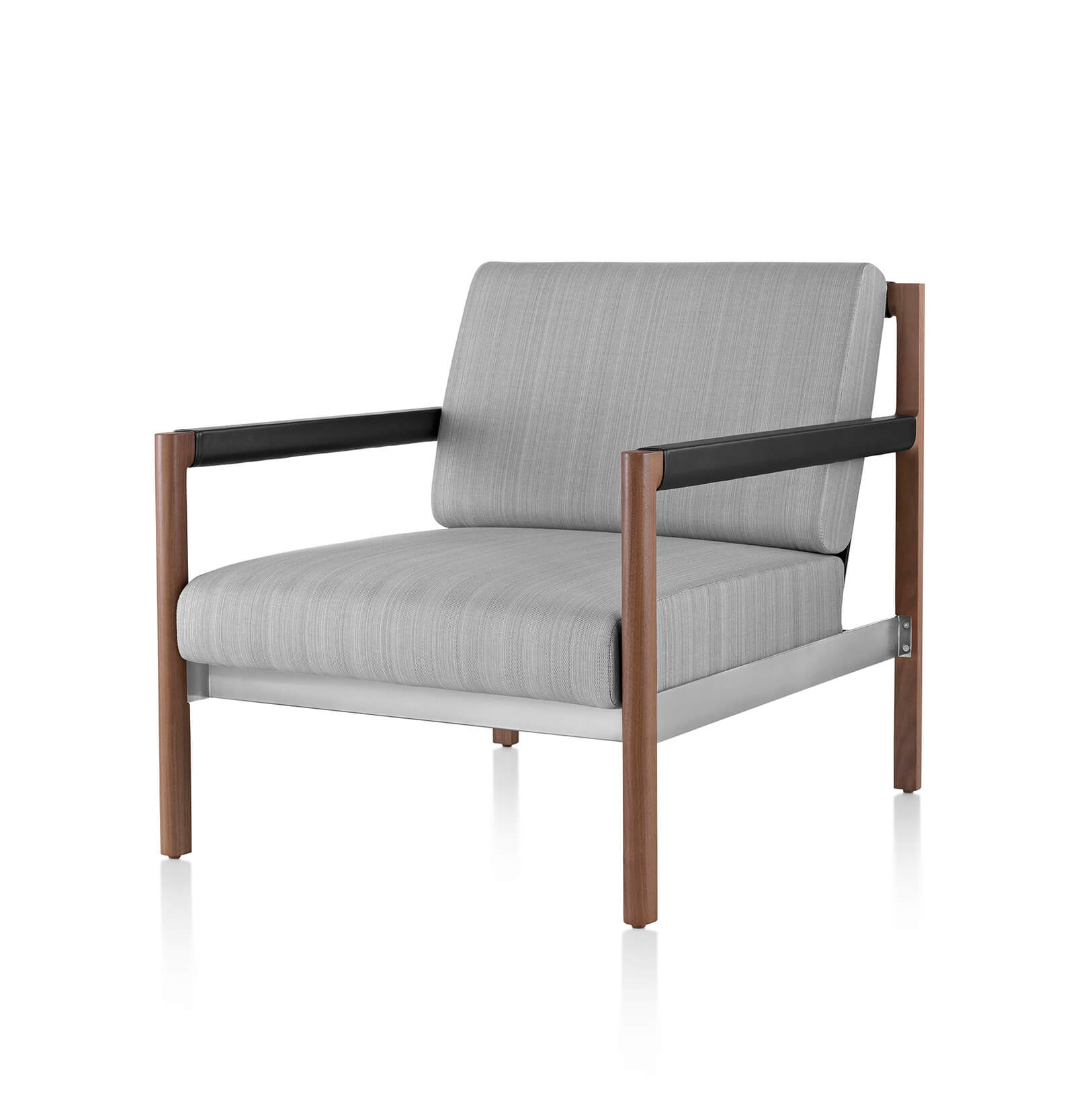 the front view of a Brabo Lounge Chair with gray upholtery with wooden frame in a whte room