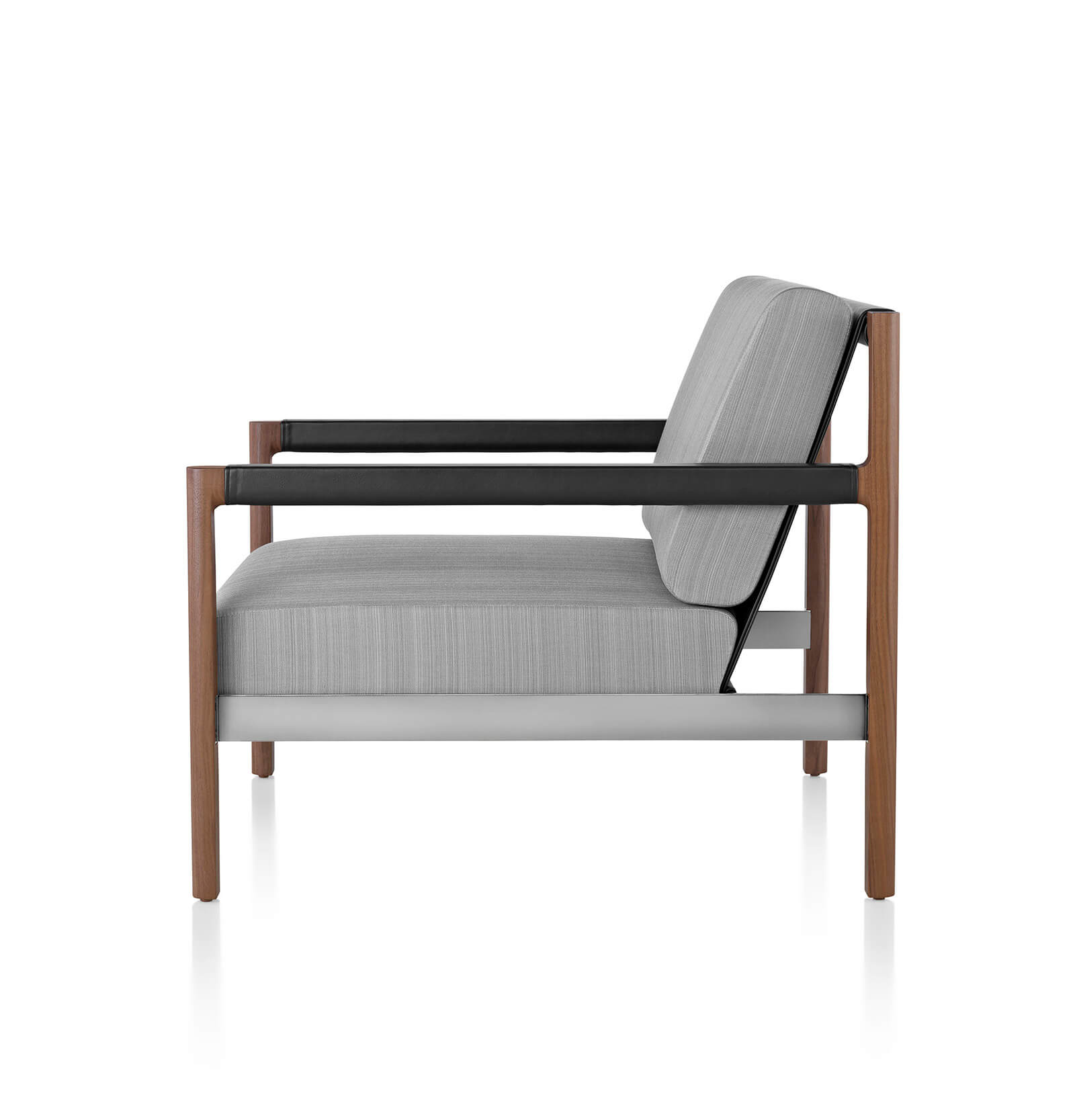 the right side view of a Brabo Lounge Chair with gray upholtery with wooden frame in a whte room