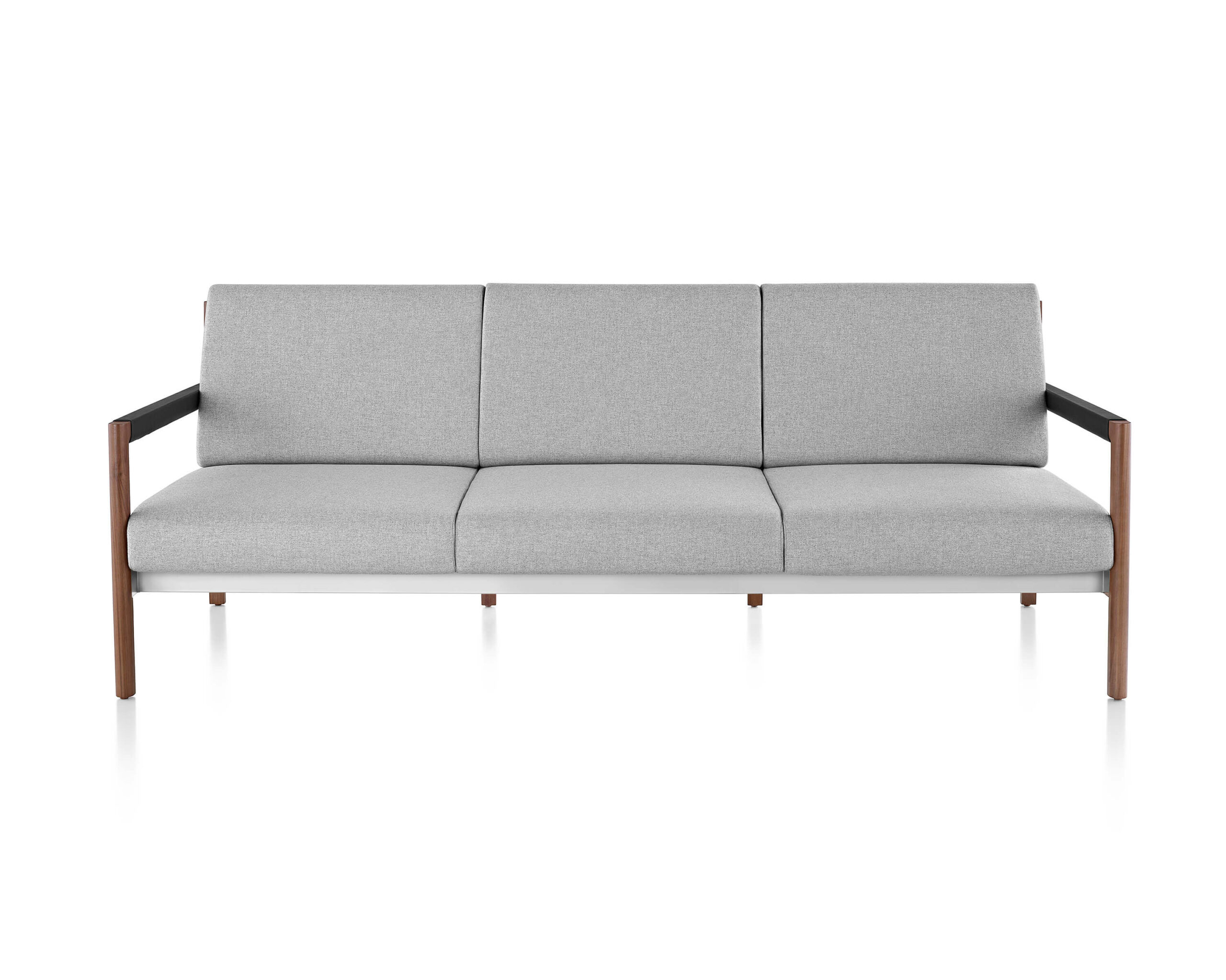 the front view of a a three seater Brabo Sofa and Settee with white wooden arms in a white room