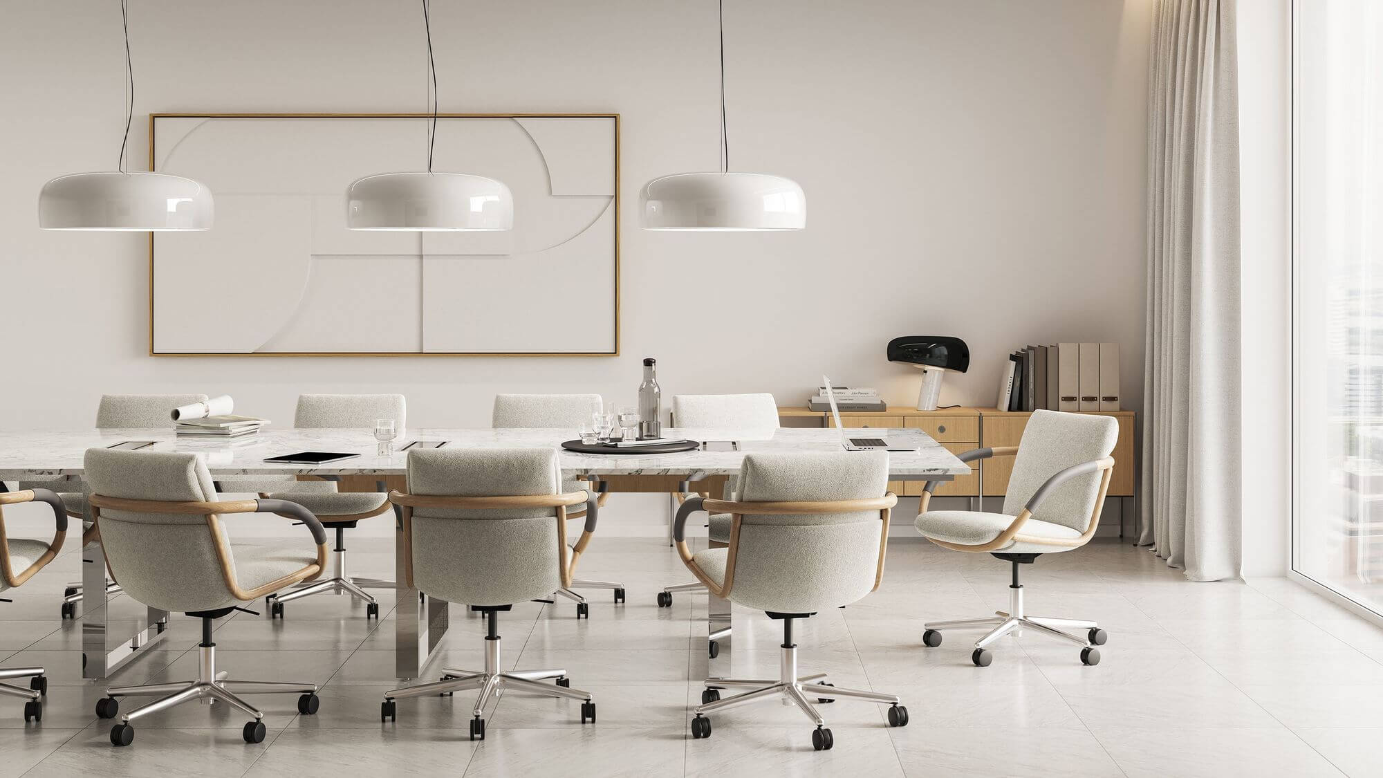 a modern meeting room with a rectangular marble table featuring a set of Full Loop Armchairs around the table in a white room and a big white painting in the backgroung