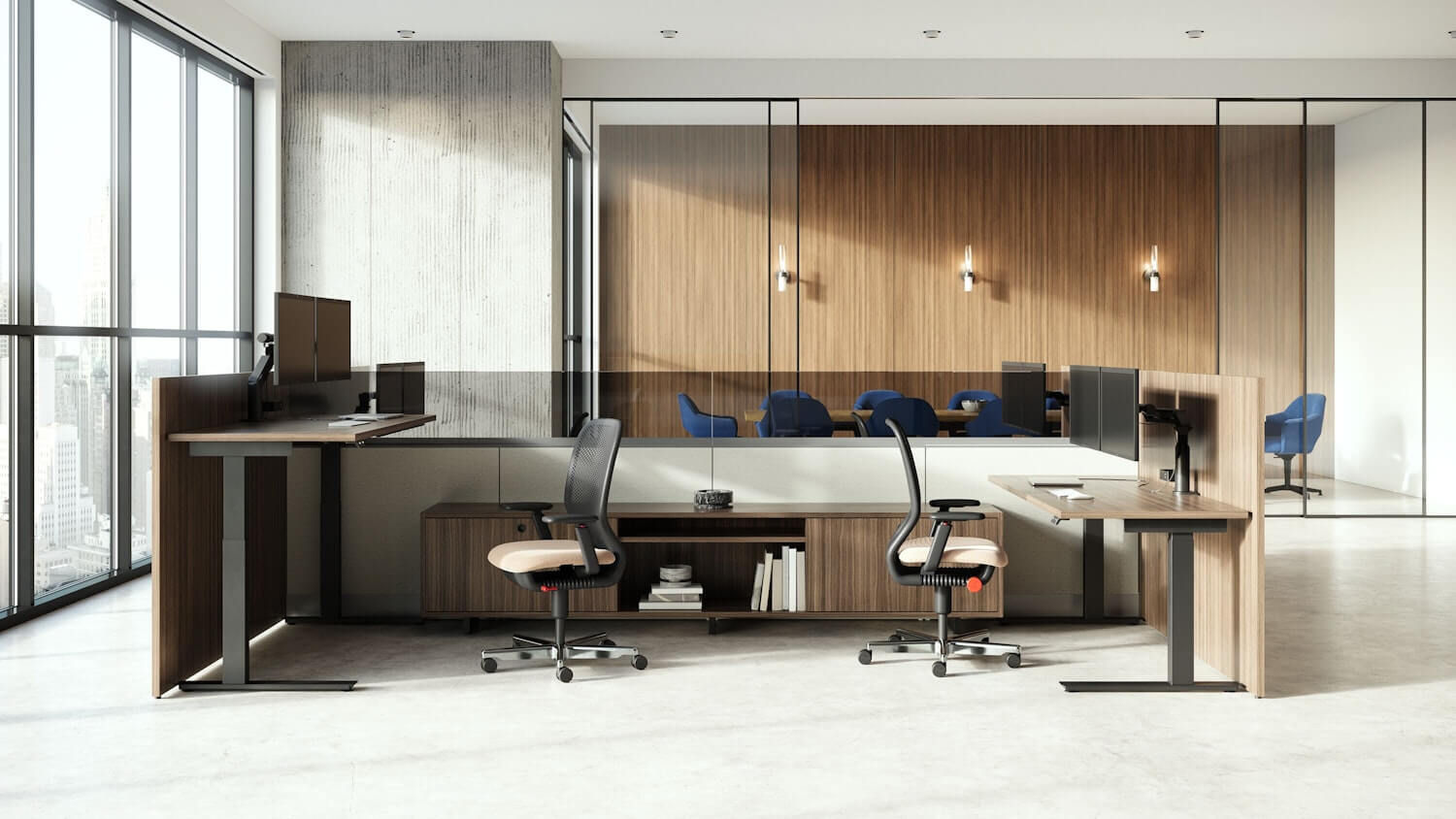 two wooden top Lev Height Adjustable Table by Knoll in an L chape with two desk chairs and monitor arms on top