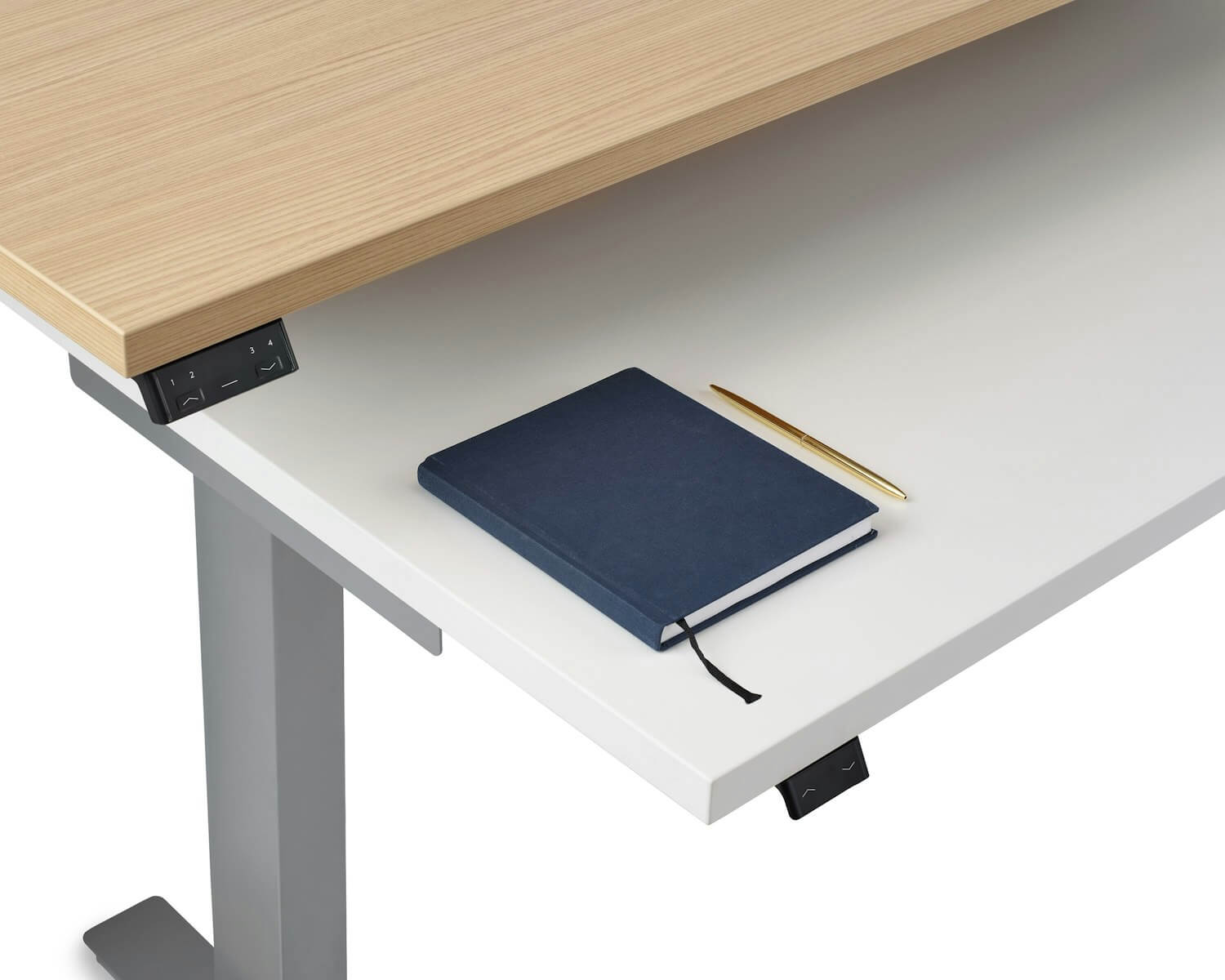 the detail of a top Lev Height Adjustable Tables by Knoll in white and wood colours