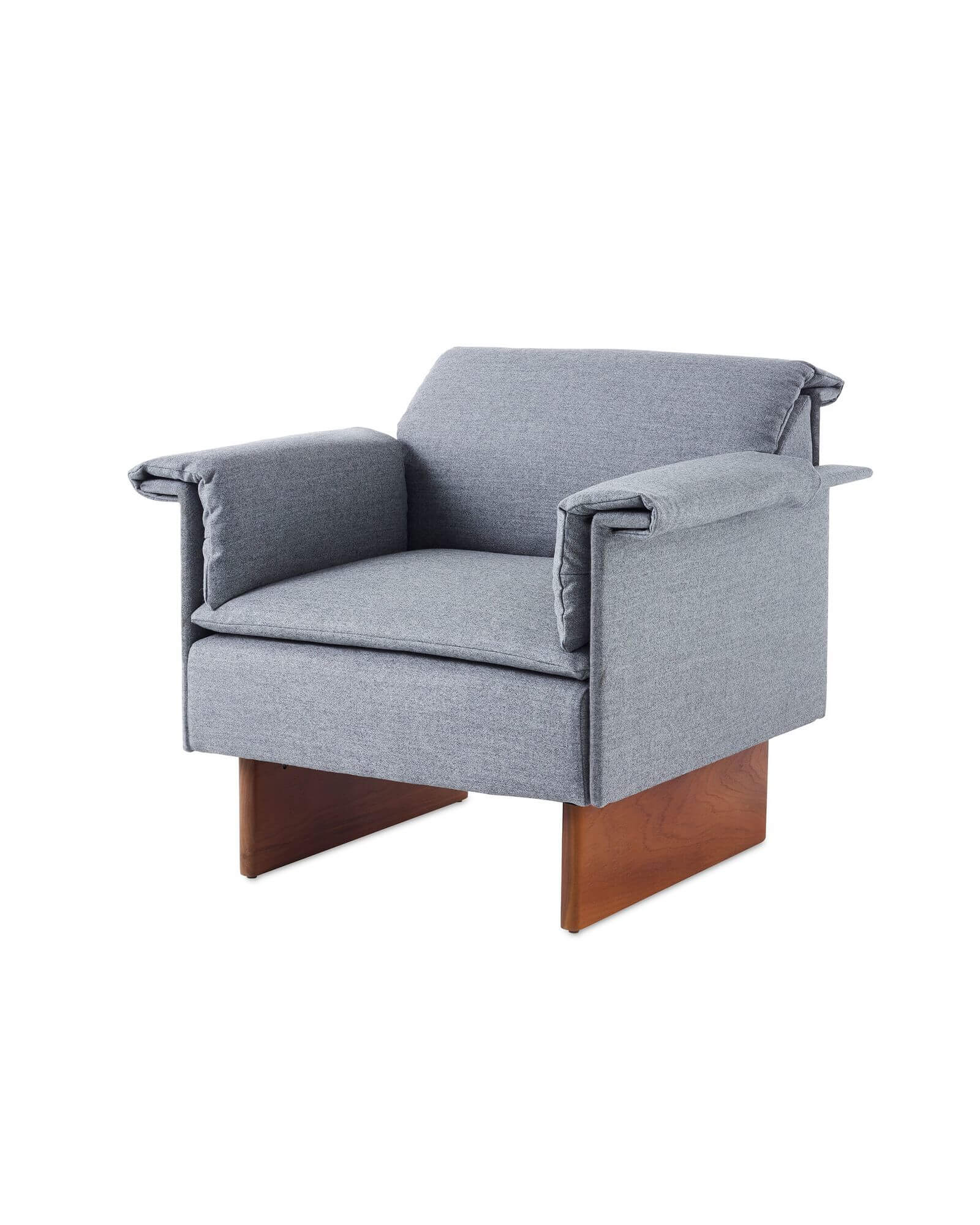 the side angle of a Mantle Club Chair with wooden base