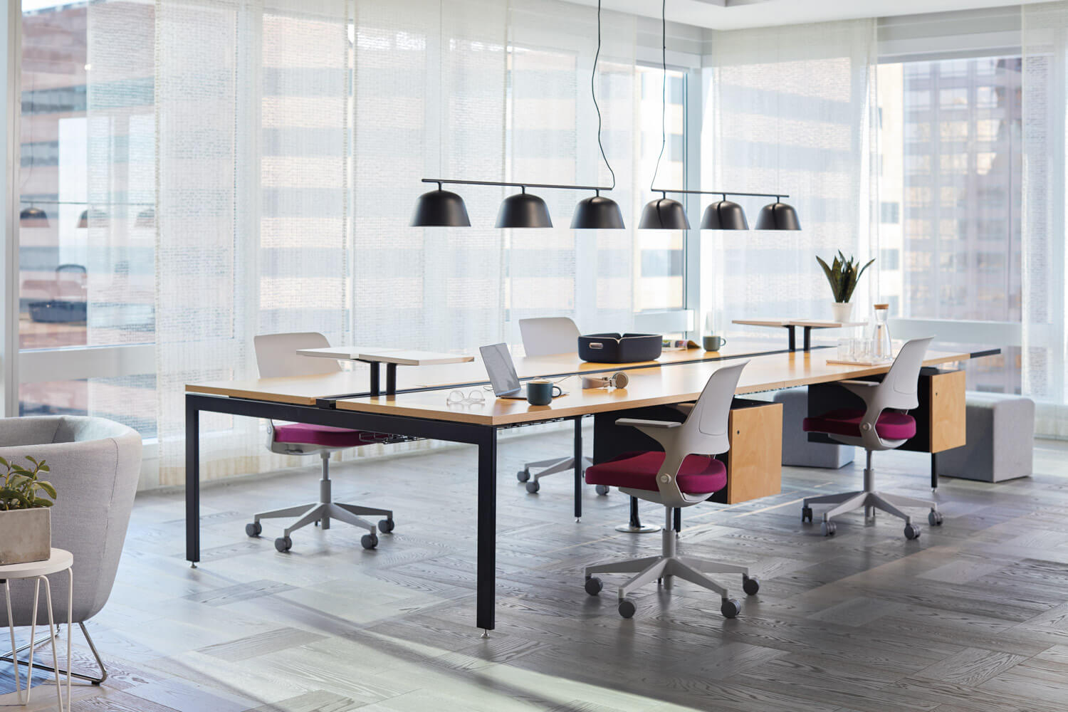 four Ollo Side Chairs in a shared workstation featuring a wooden top large rectangular table next to a big windows with white translucid blinds