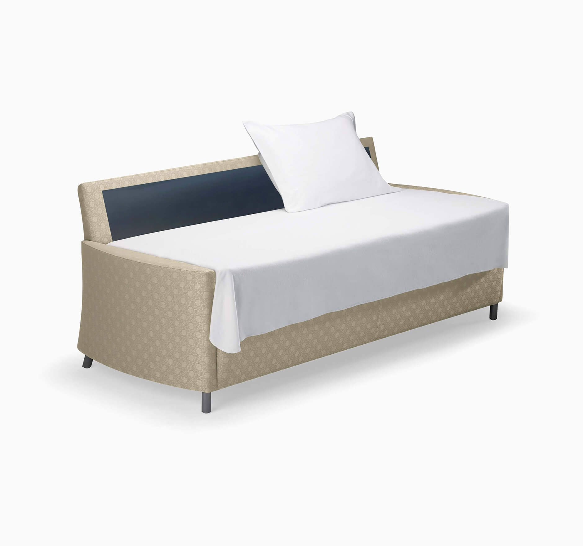 Pamona Flop Medical Sofa Bed with a white pillow and bed sheeds in a white background