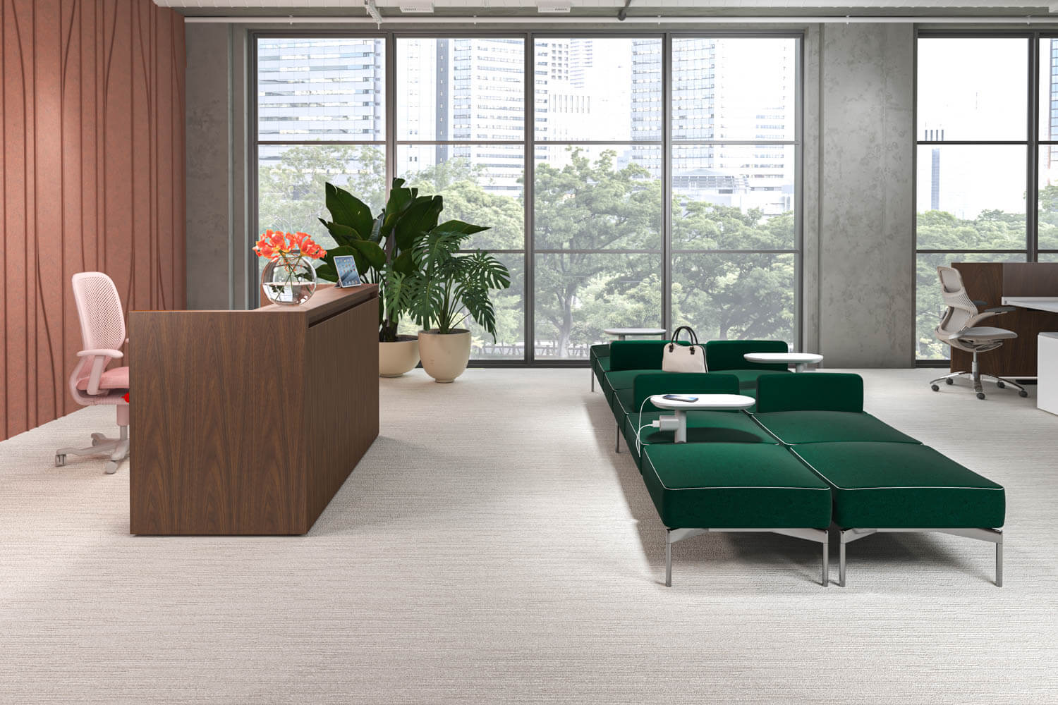 Pixel Modular Lounge System featuring brown ottomans in a modern reception with a wooden desk station
