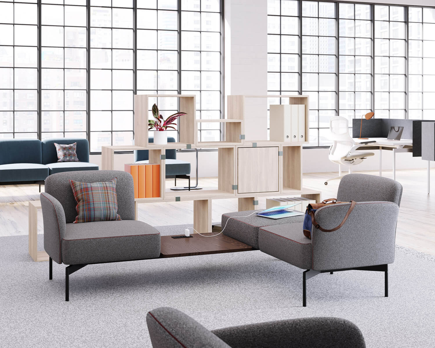Pixel Modular Lounge System in a modern office with a wooden attached side table in the middle