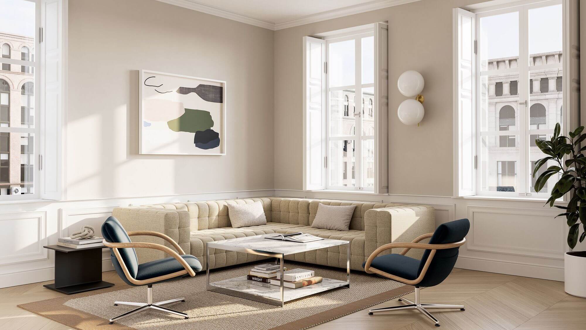 an L shapped Rapport Sofa with two pillows on top in a modern reception room and two side lounge chairs with wooden arms and a coffee table with marble top in the middle