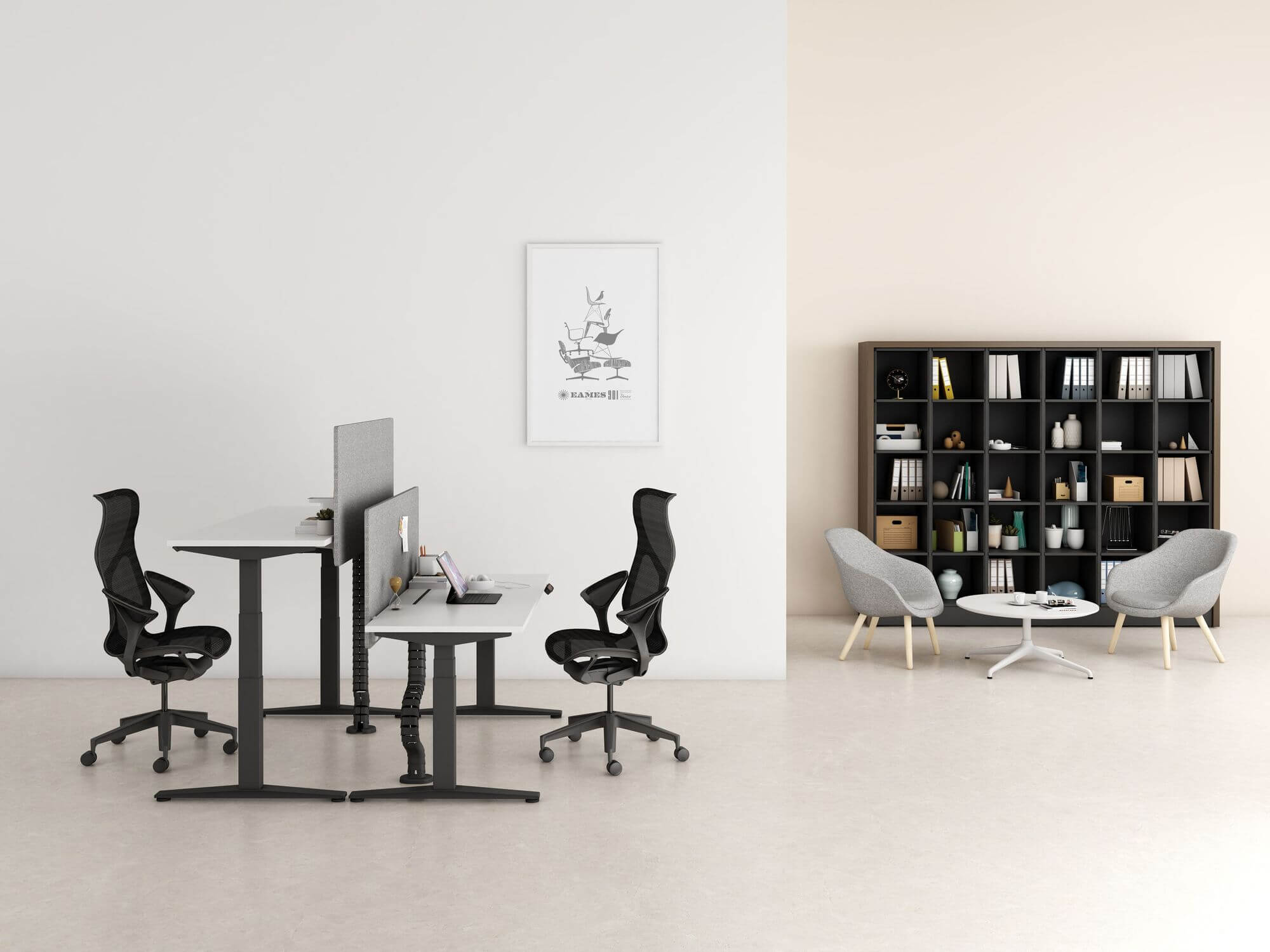 a modern workspace featuring two Saiba Side Chair 
 around a coffee table and a small boockself, with two workstations and black office chairs