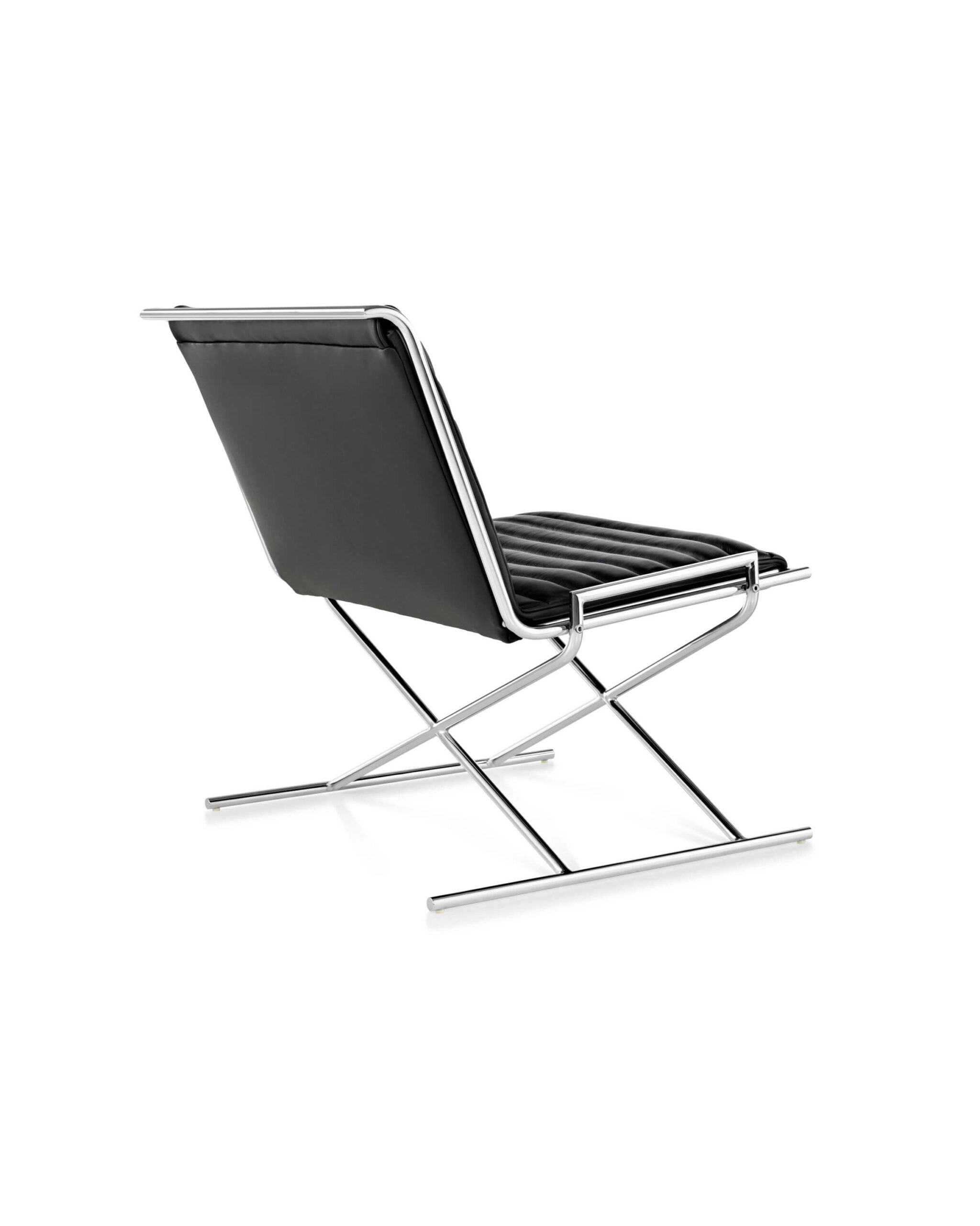 the back side angle of a Sled Side Lounge Chair with black leather upholstery and polished aluminium frame in a white room