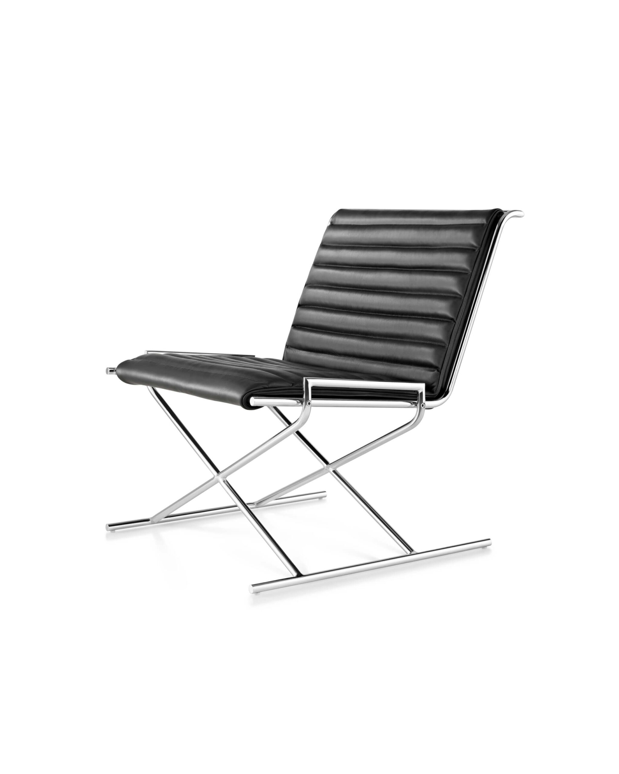 the front side angle of a Sled Side Lounge Chair with black leather upholstery and polished aluminium frame in a white room