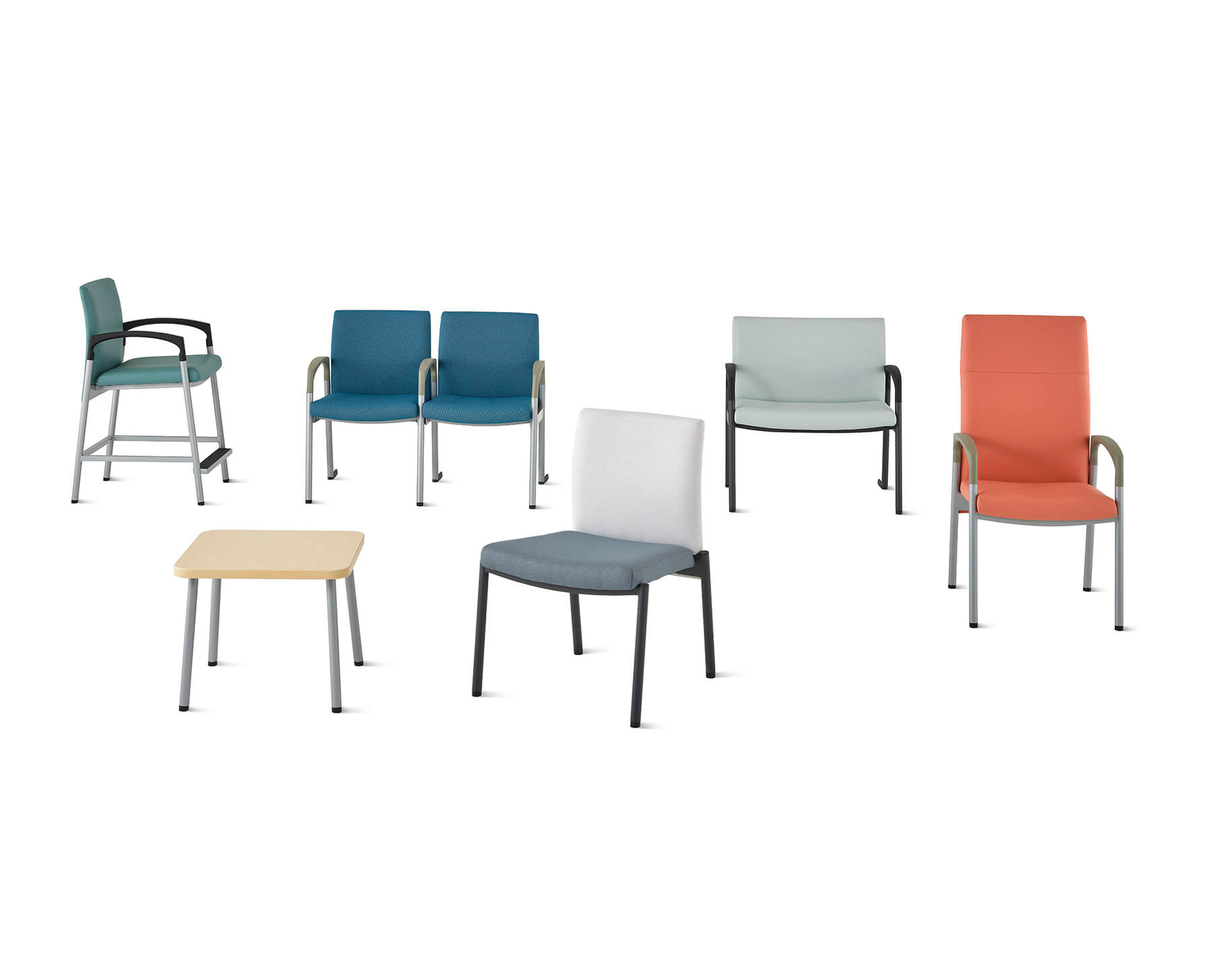 a mockup of various Valor Medical Stacking Chairs in diferent colours in a white background