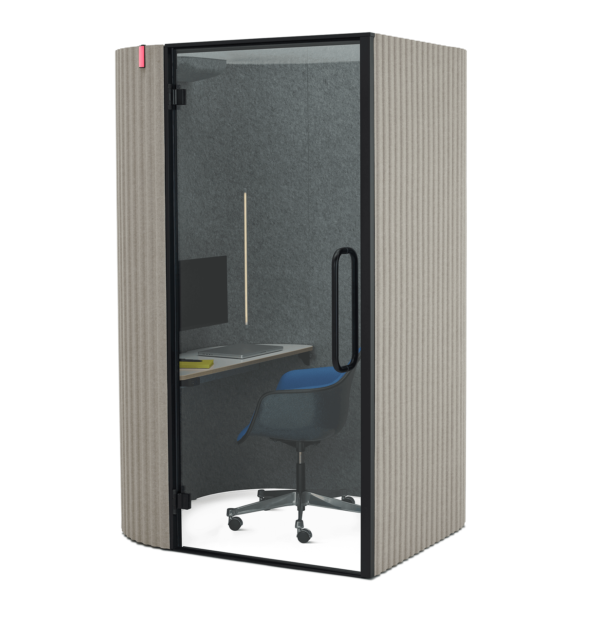 a single bay work pod featuring an eames chair inside and a minitor screen inside