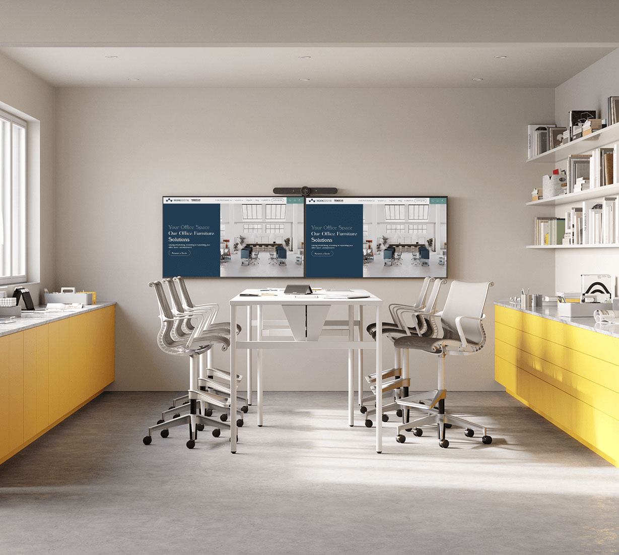 a white room with yellow storage cabinets on the side and a tall table with six setu stool chairs and two TV in the back wall