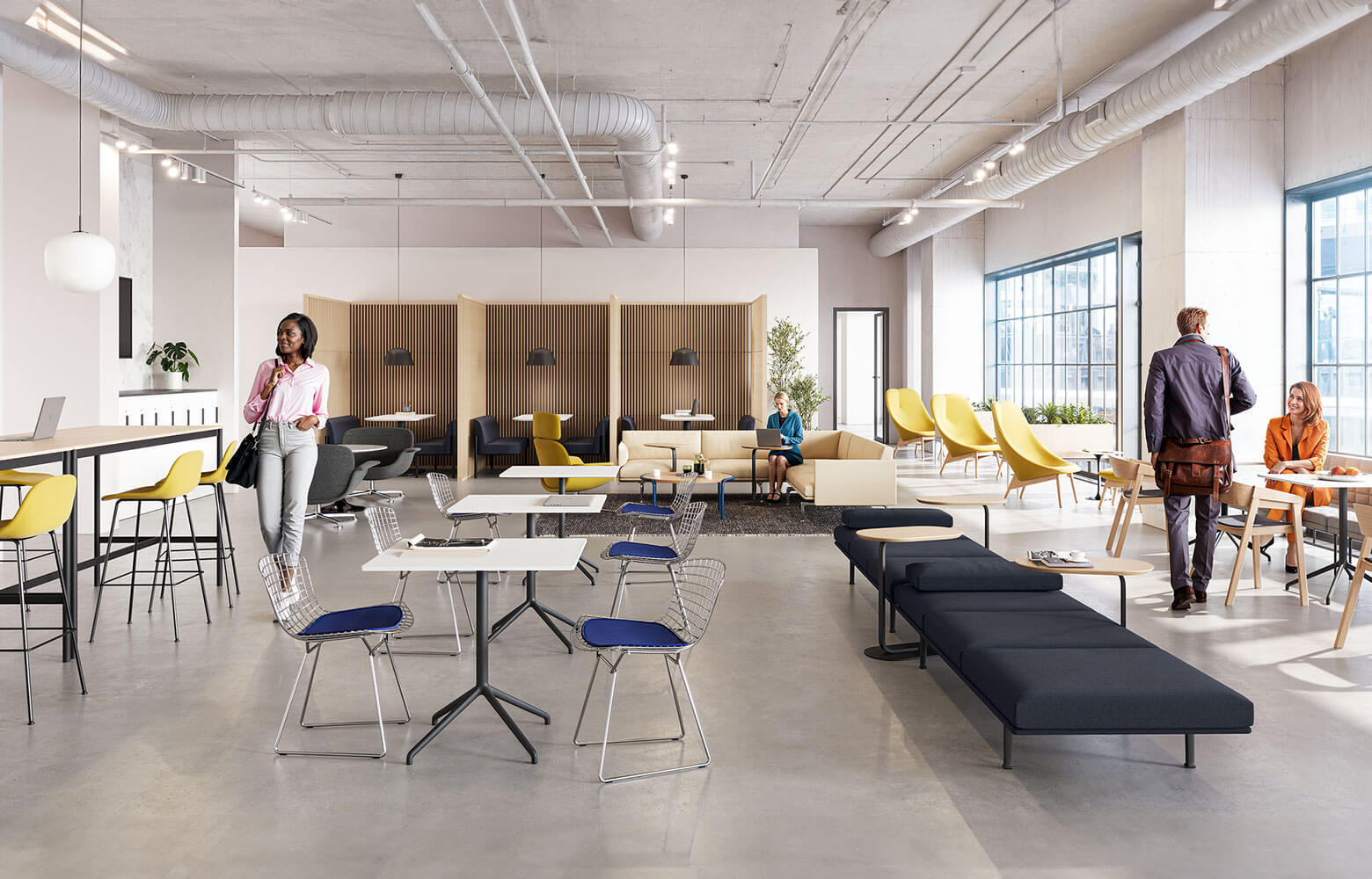 a modern office in sydney featuring agile office furniture to support Activity-Based Work, with peple interacting and wondering around