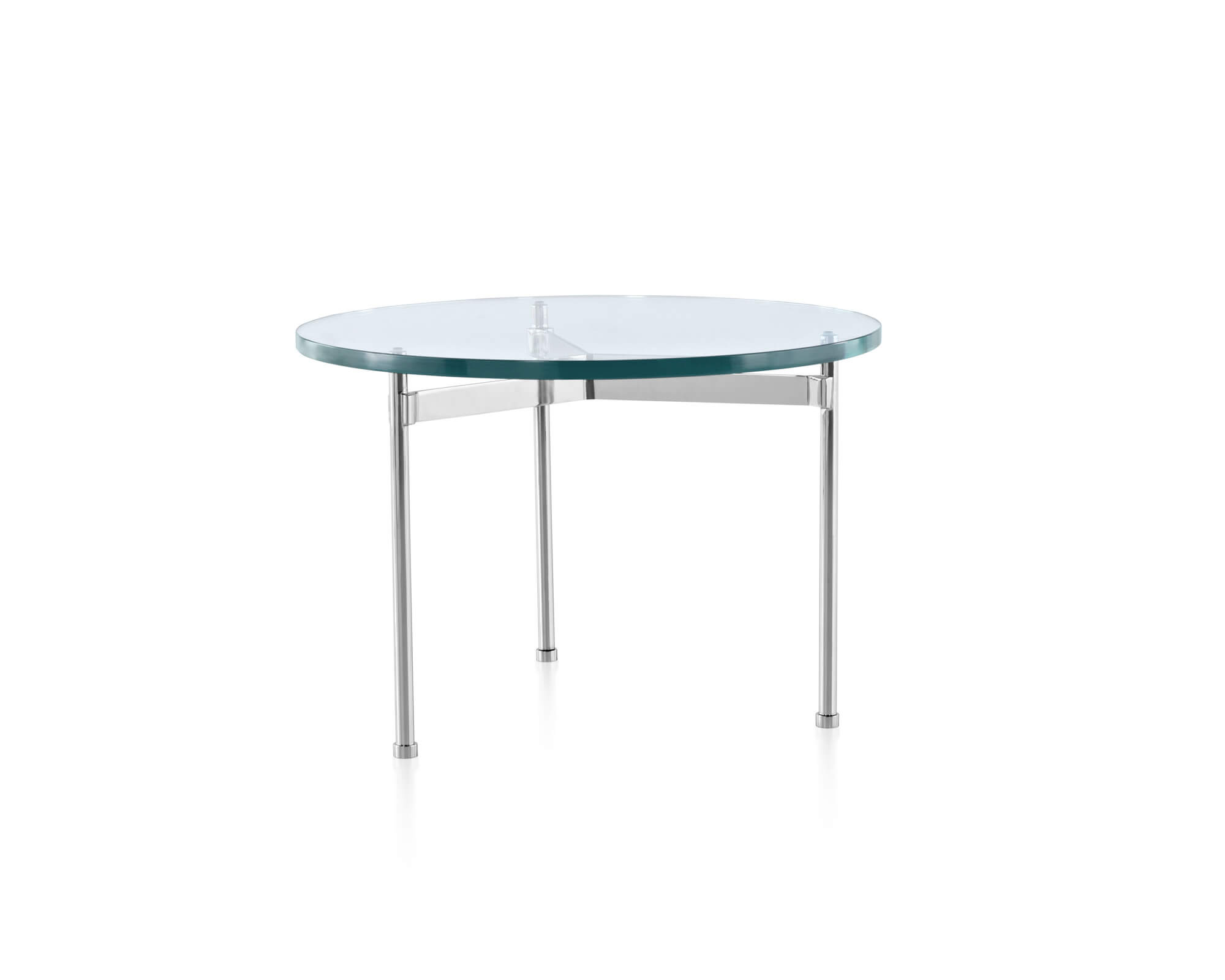 the front side of a rounded small claw side table with glass top and polished aluminium legs in a white room