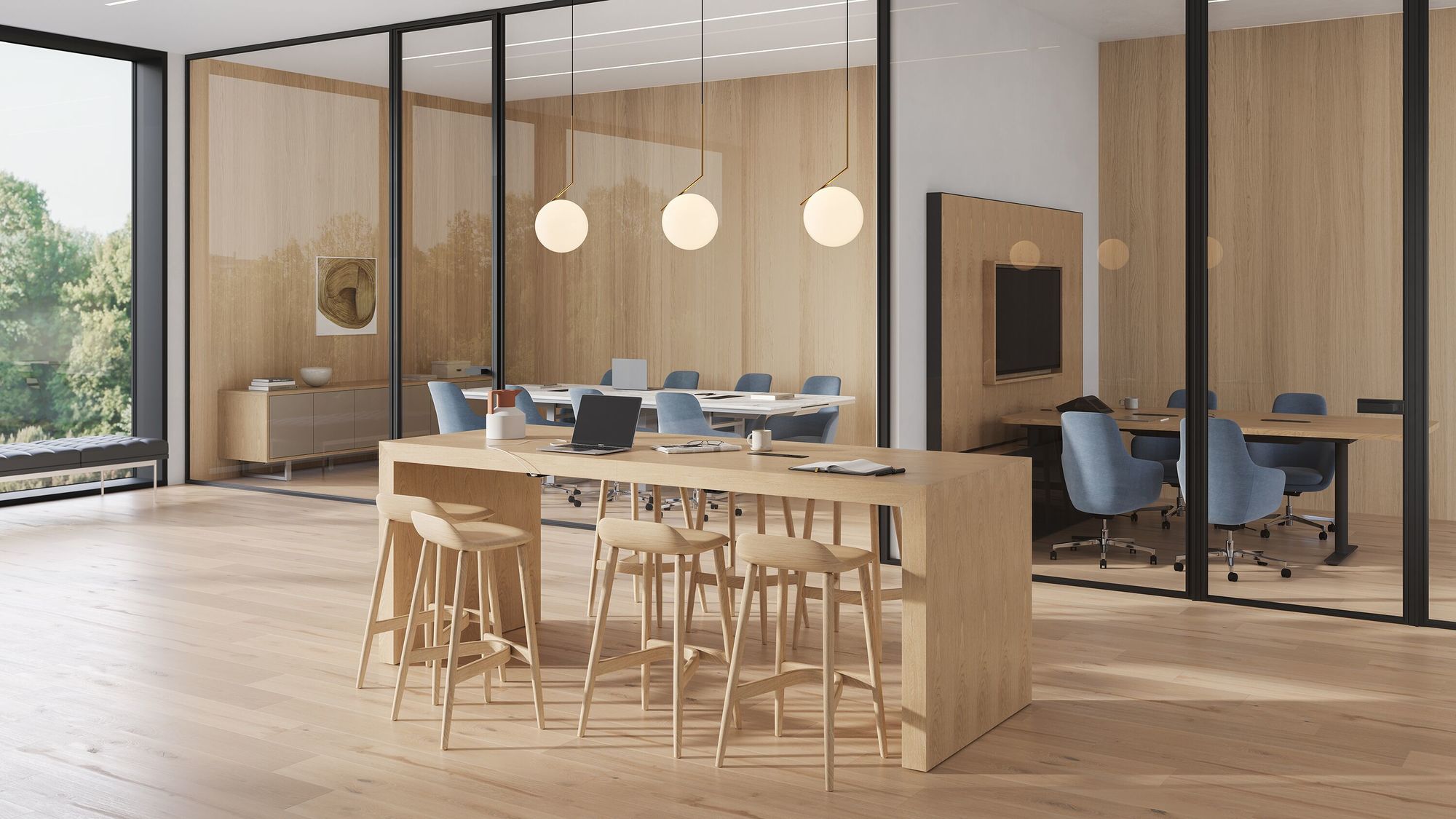 an elegant office with a timber high table and Crosshatch Barstools around next to meeting rooms and glass walls
