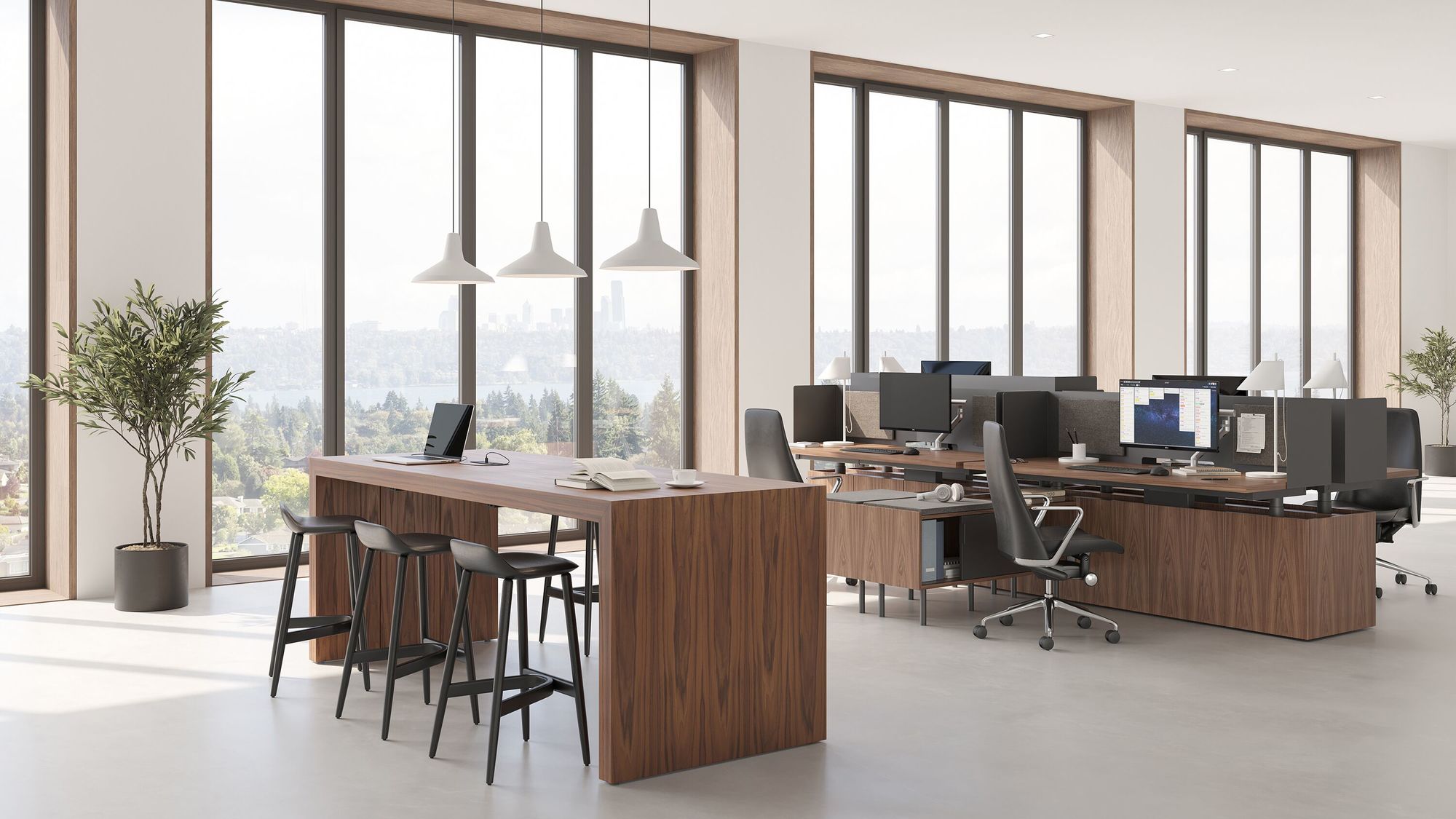 a modern office setting featuring three Crosshatch Barstools next wo wooden workstations