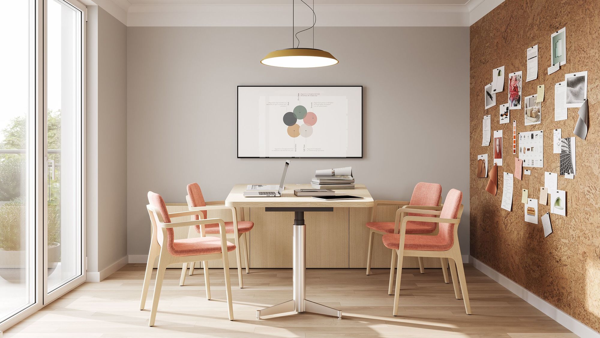 a dinning room featuring four Deft Side Chair in white timber around a wooden table