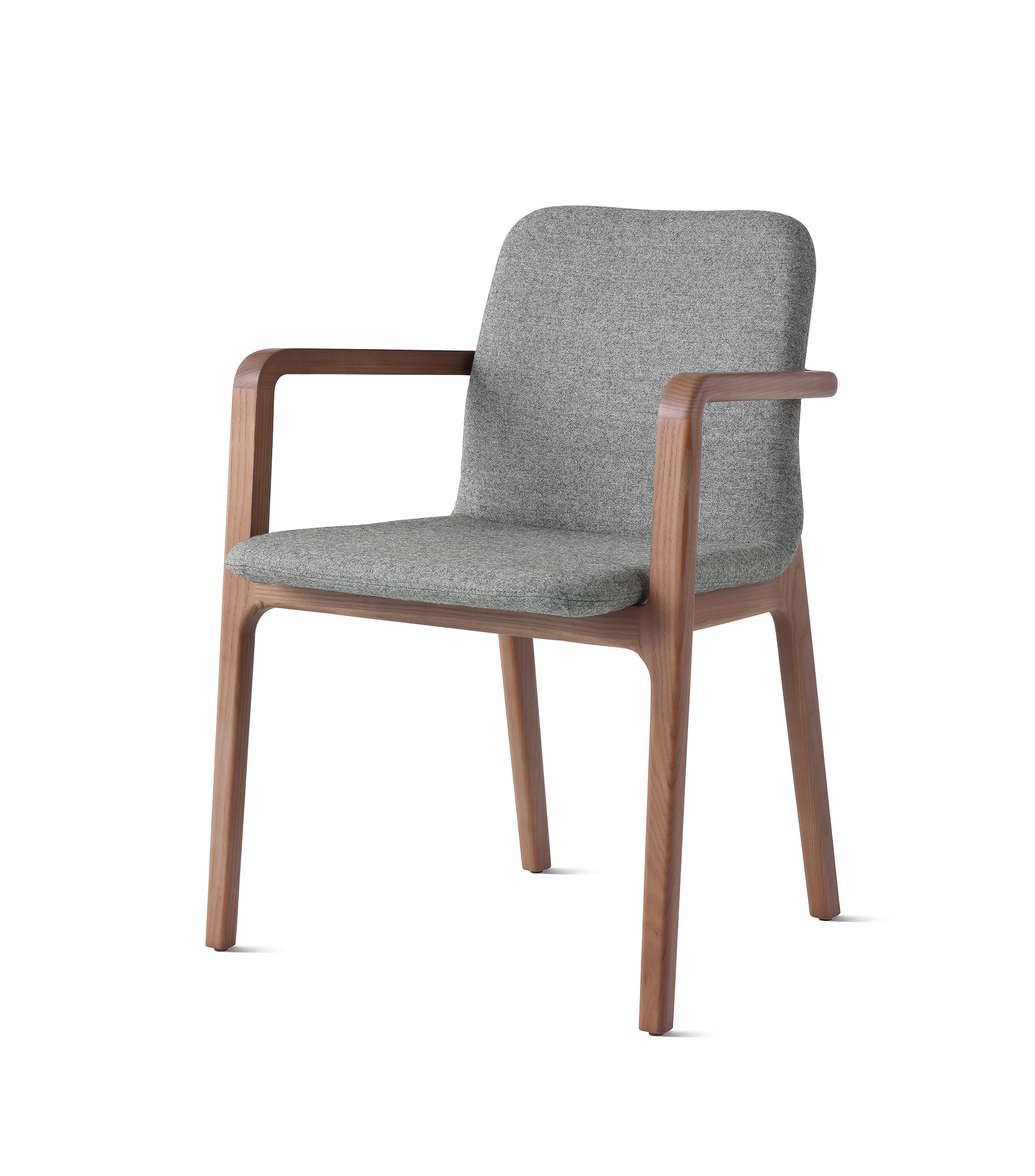 the front side angle of a Deft Side Chair with wallnut wooden frame and grey marle upholstery in a white room