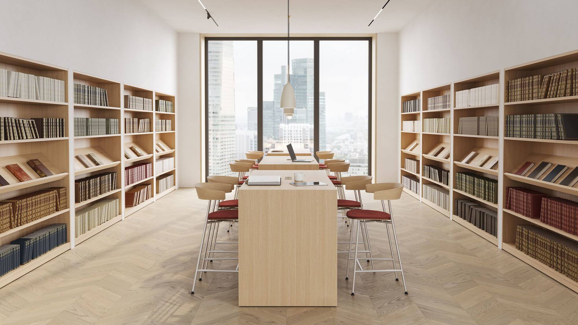 a library with wooden furnitutre featuring Leeway Barstools around a rectangular high table