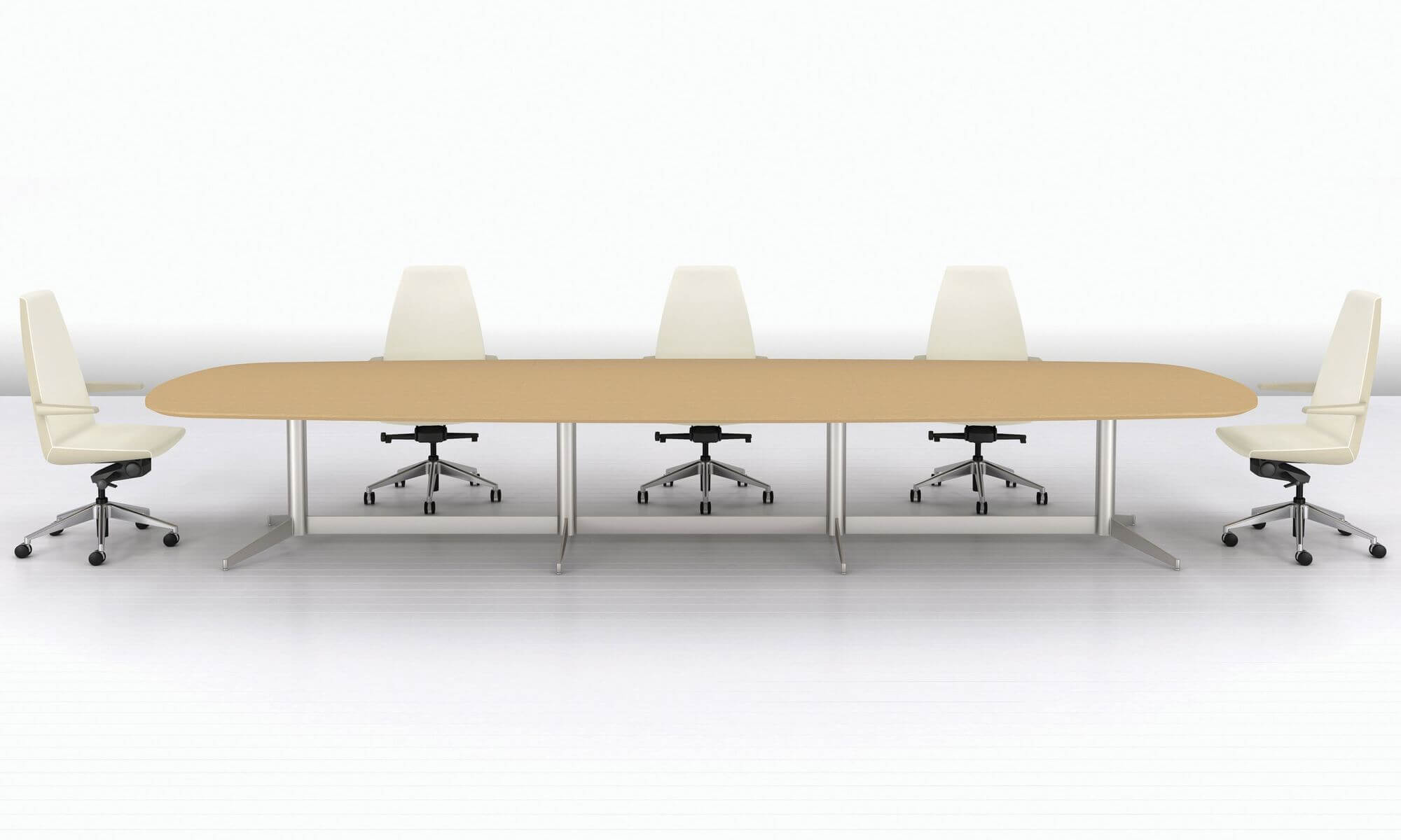 the side of a long white wood top MP Conference table with polished aluminium legs in a white room and white office chairs around