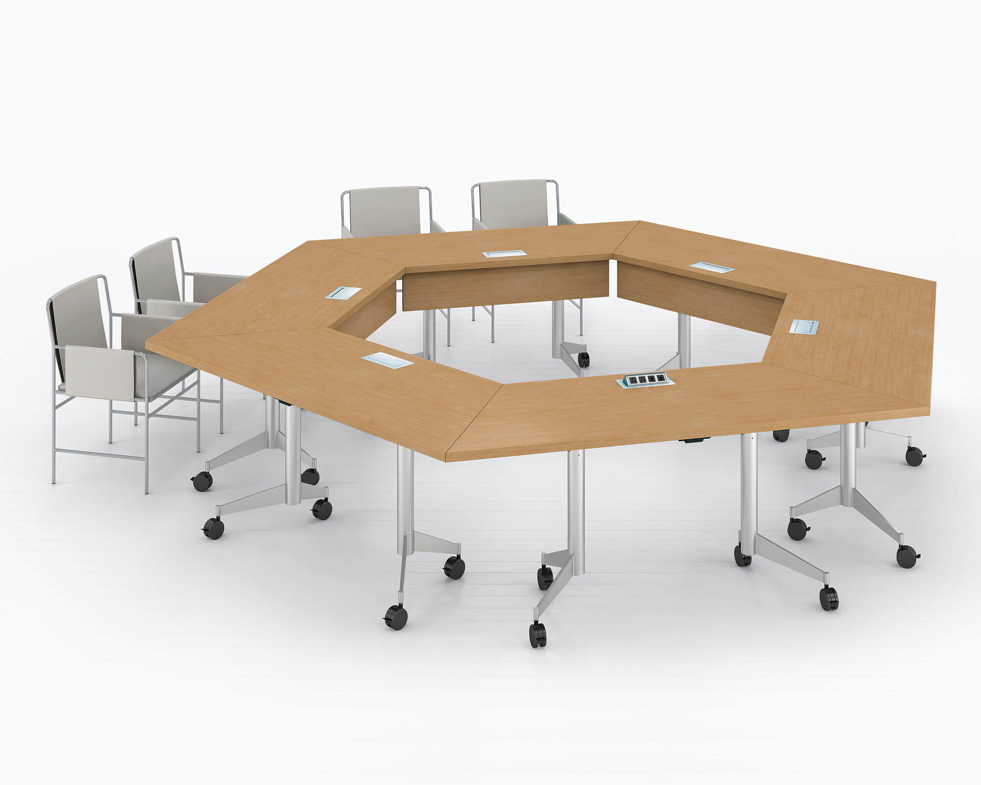 a hexagon wooden top MP Flex Training Table with four side chairs in a white room