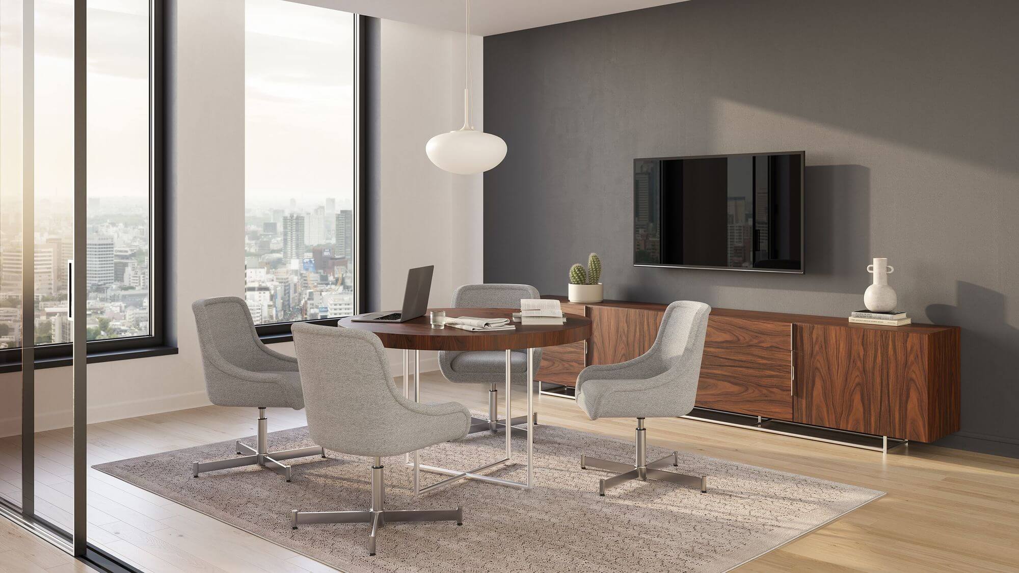 a oak wooden top domino conference table in a modern office with three side chairs next to a modern wooden storage cabinet and TV and two big windows behing