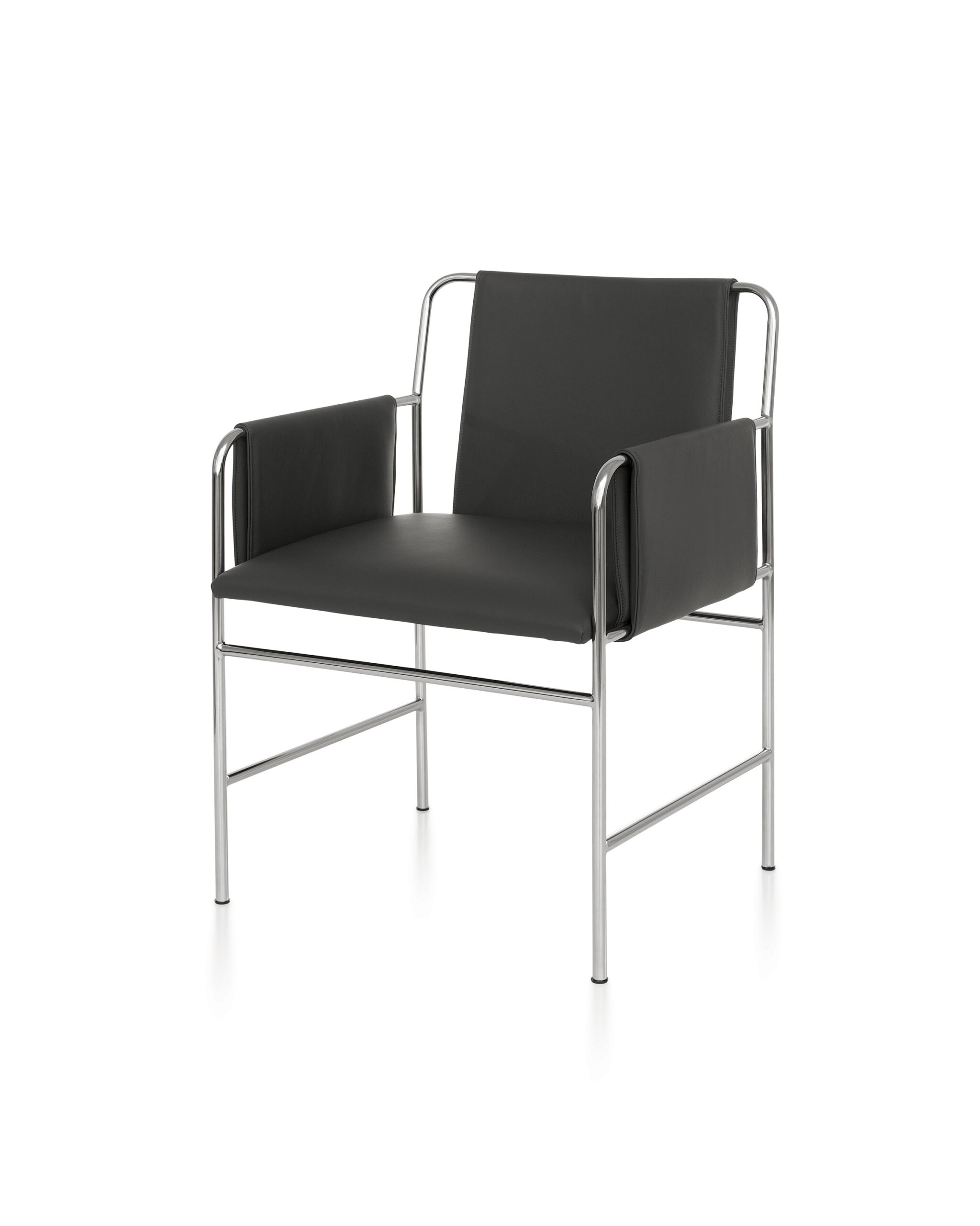 the front side angle of an Envelope Side Chair with polished aluminium frame and black leather seat in a white room