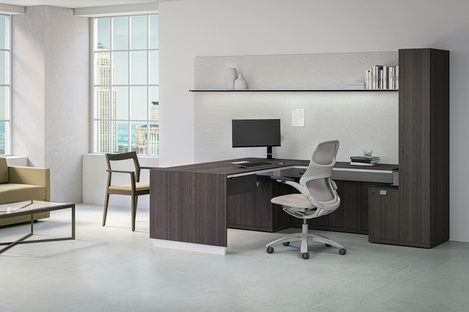 the front detail of a Knoll Cove Private Office wirh a height adjustable desk and two office chairs on the sides with a storage cabinet behind in a white room and two big windows in the background