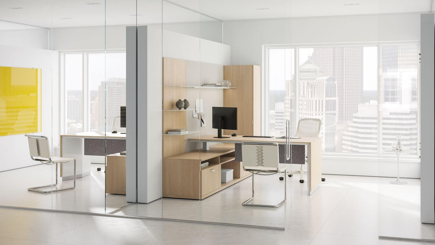 two moden Knoll Cove Private Offices with white timber and white chairs next to a big windows