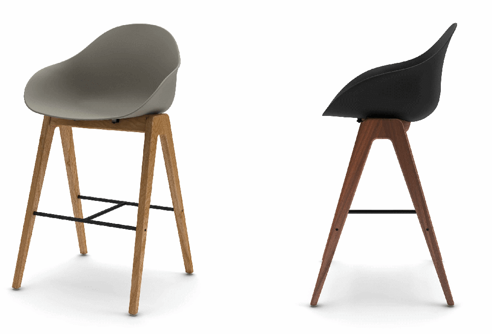 the front side and right side angle of two Ruby Wood barstool chairs with a light blue seat and wooden legs in a white room