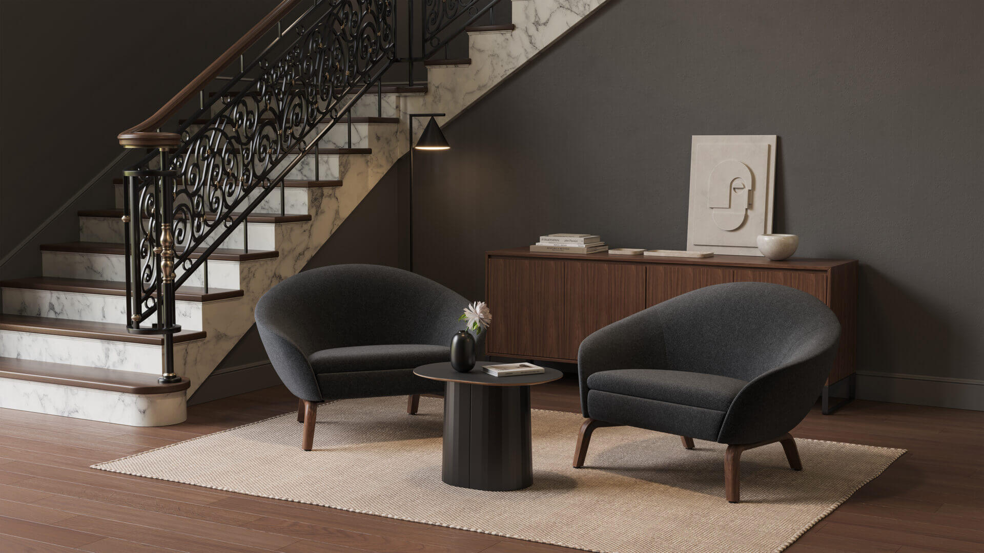 a two doors Sideboard Storage Buffet in oak wood and two elegand lounge chairs next to a marble stairs in an elegant house
