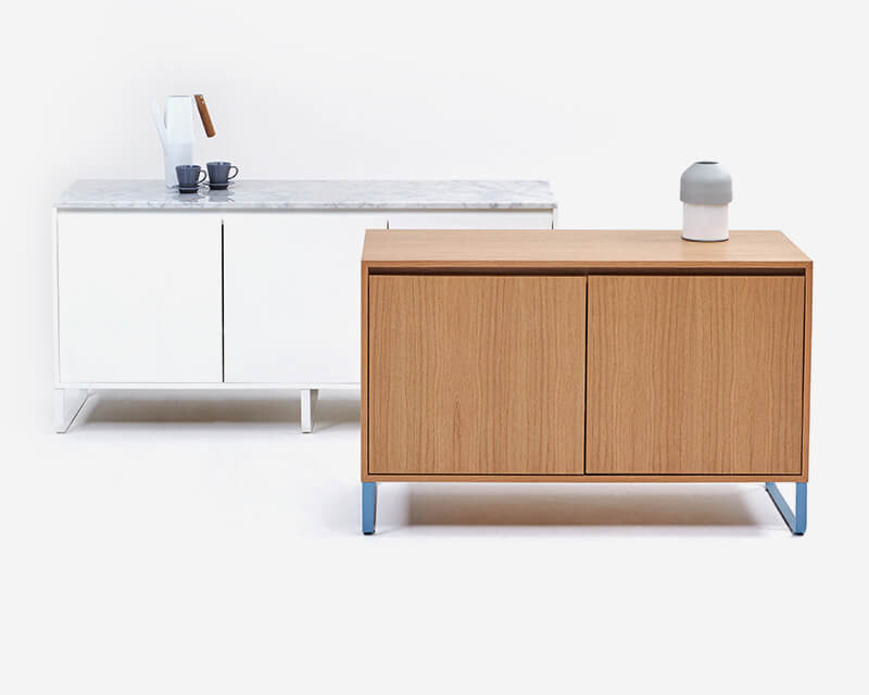 a two doors Sideboard Storage Buffet in wood and white colour in a white room
