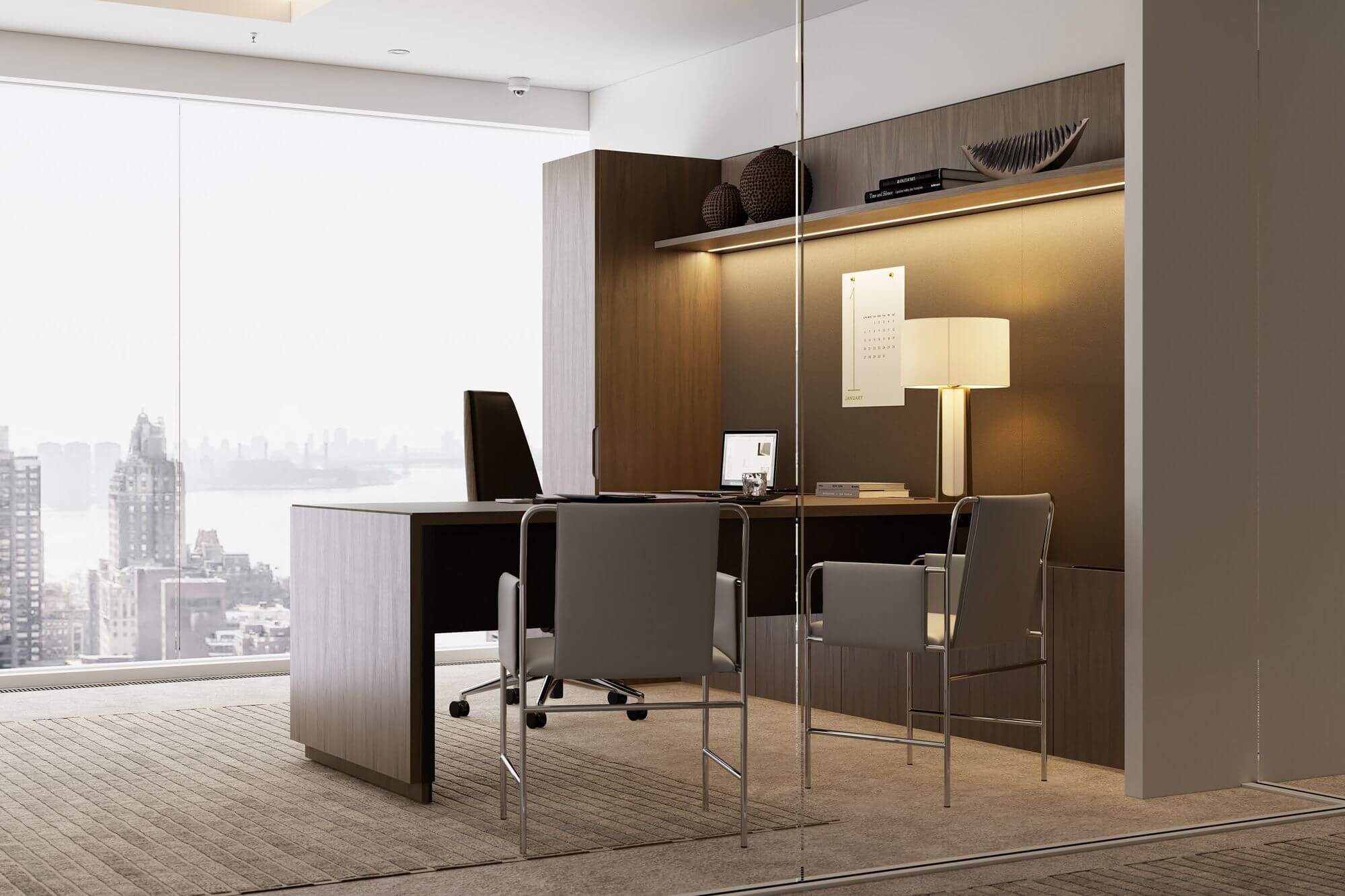 the side angle of a wooden geiger one private office unit with an executive chair and two leather chairs with metallic frame at an office with a glass wall and a big window to the city in the background