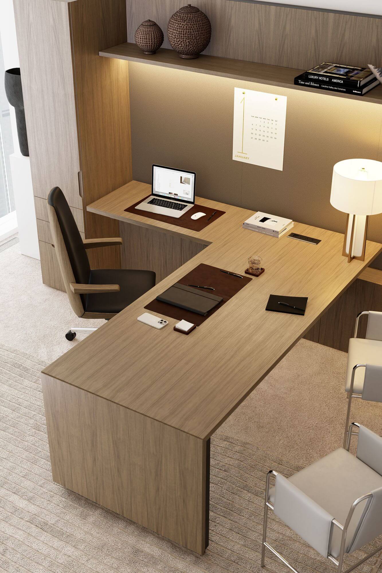the tilt-down angle of a wooden geiger one private office unit with an executive chair and two side chairs with leather upholstery and metallic frames