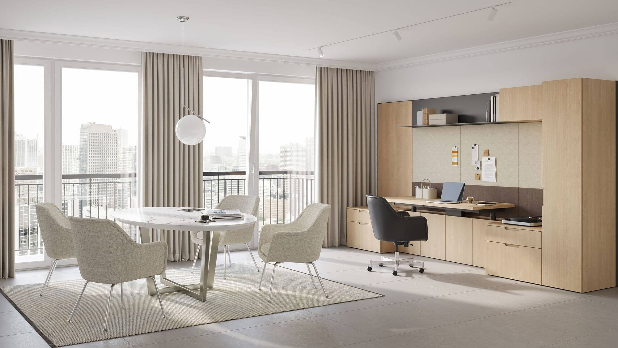 a wooden geiger one private office unit featuring a height adjustable workstation with a leather chair and a rounded marble top table with four side chairs next to two big windows